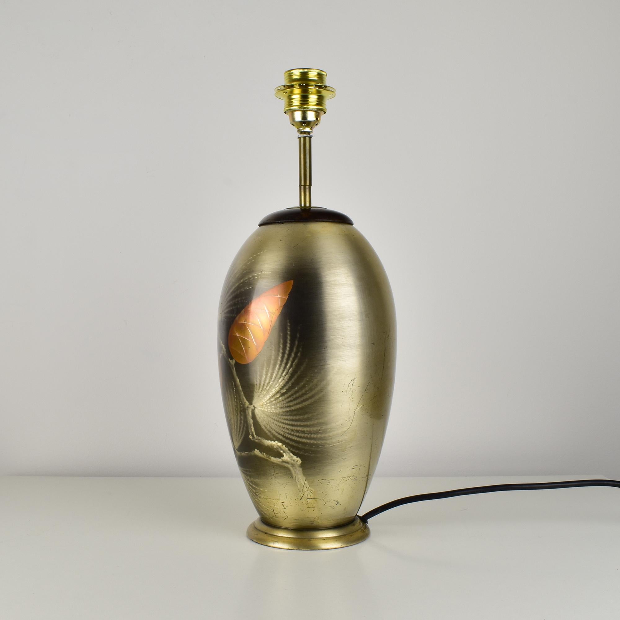 German WMF Ikora Art Deco Table Lamp Patinated Pine Cone Pattern Dinanderie For Sale