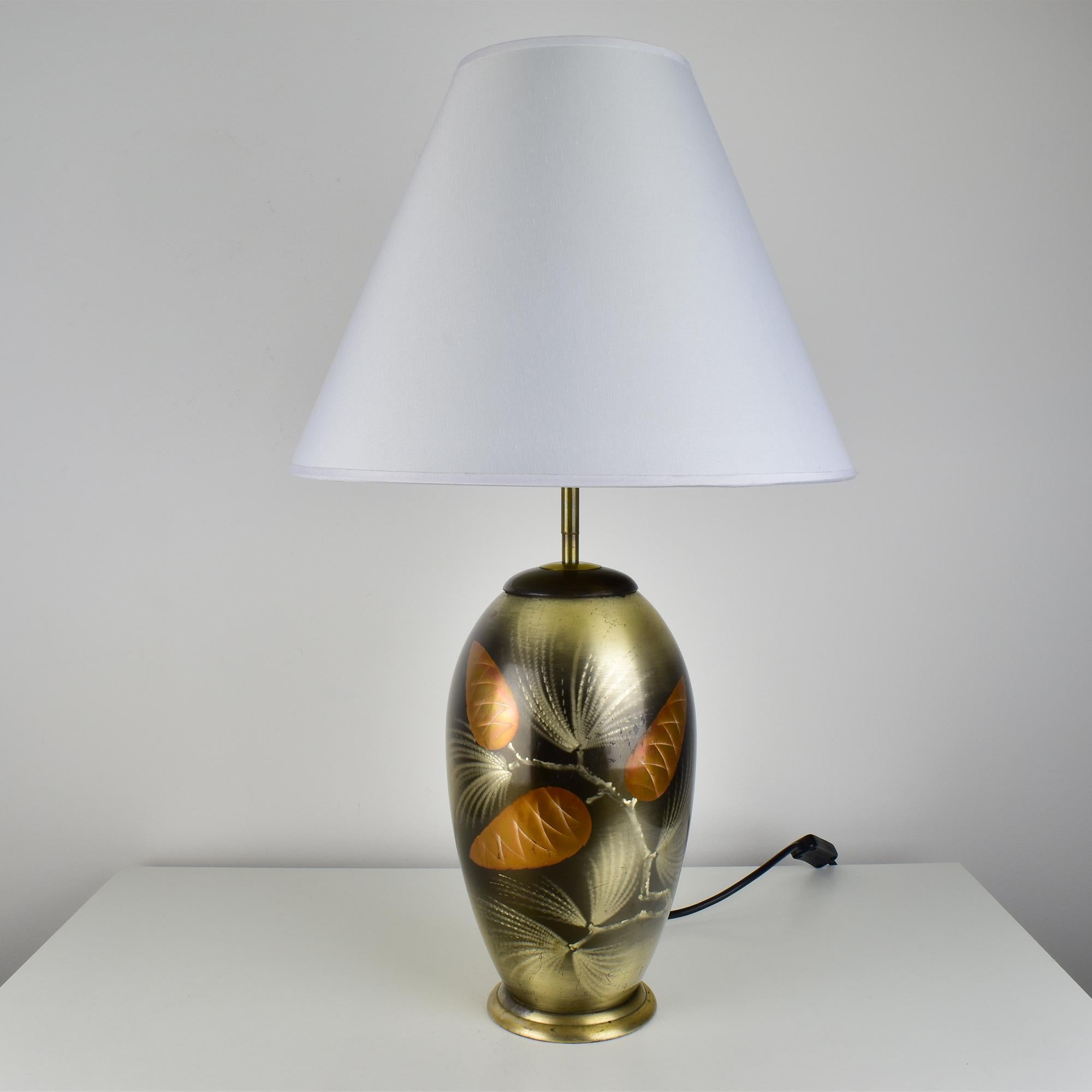 Mid-20th Century WMF Ikora Art Deco Table Lamp Patinated Pine Cone Pattern Dinanderie For Sale