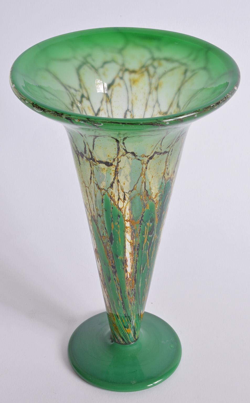 WMF Ikora flared trumpet glass vase Art Deco green colored, Germany, 1930s.
