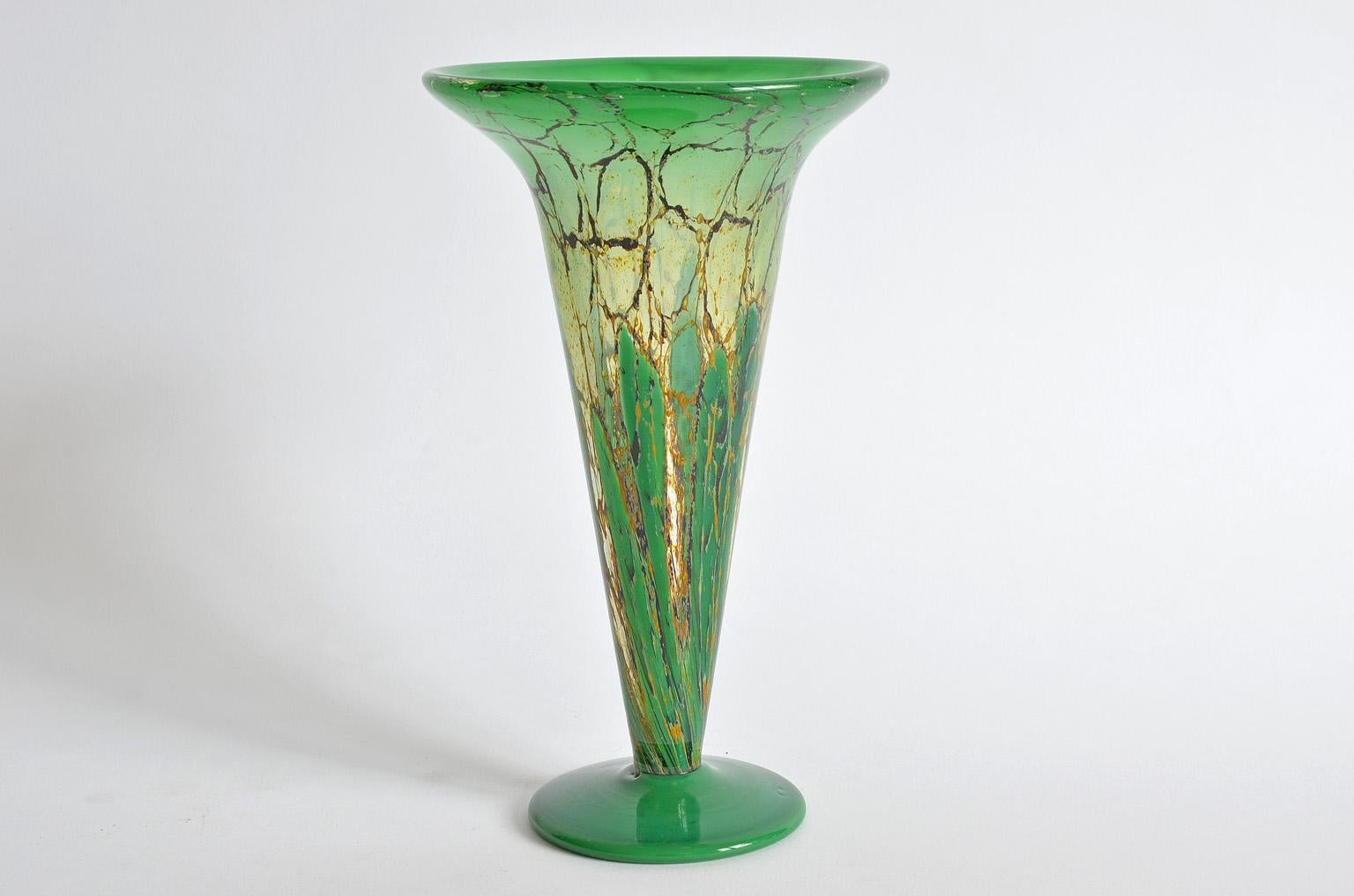 Mid-20th Century WMF Ikora Flared Trumpet Glass Vase Art Deco Green Colored, Germany, 1930s For Sale