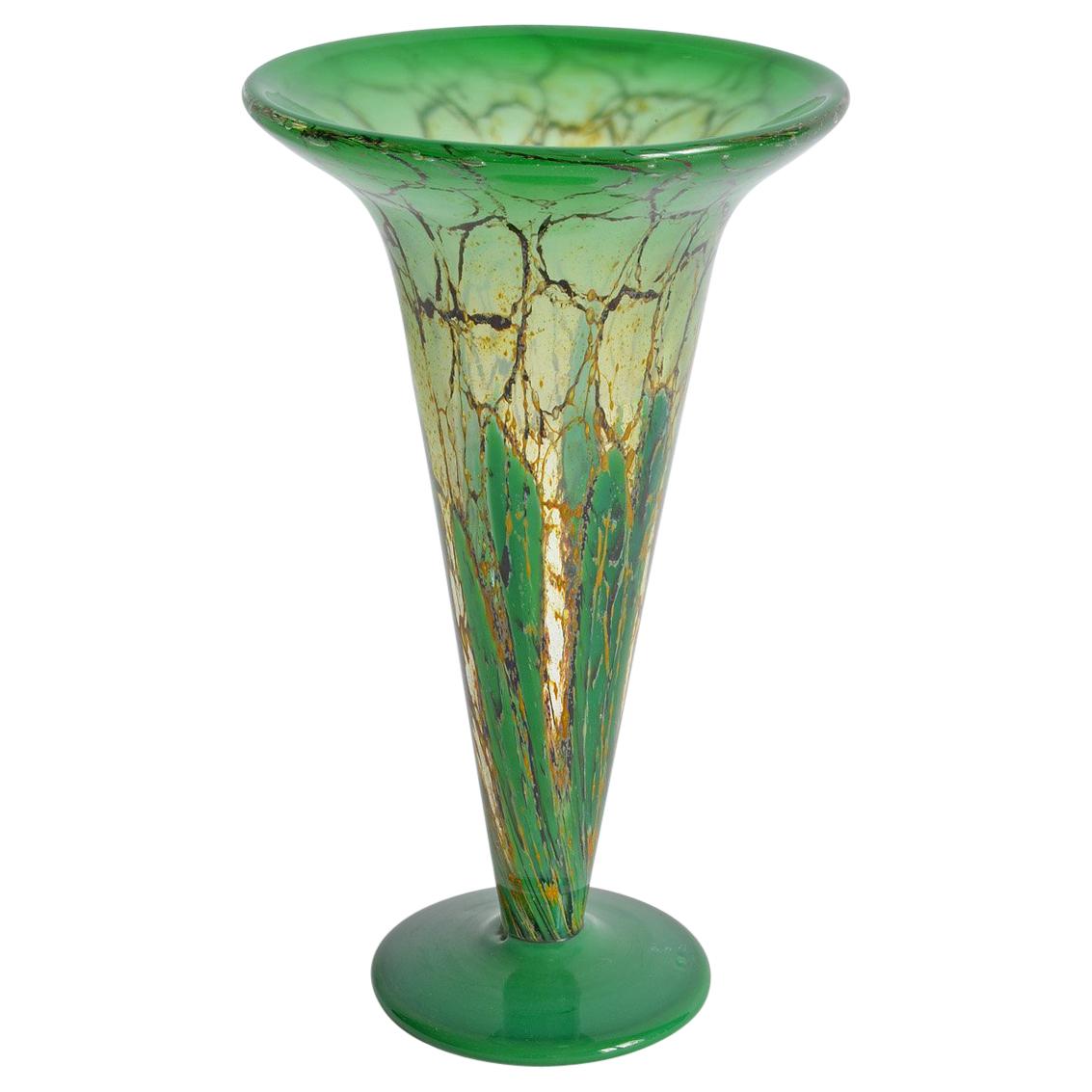 WMF Ikora Flared Trumpet Glass Vase Art Deco Green Colored, Germany, 1930s For Sale