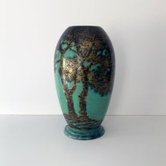 WMF Ikora Green Patinated Metal Rounded Tall Vase with Trees, 1930s