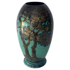 WMF Ikora Green Patinated Metal Rounded Tall Vase with Trees, 1930s