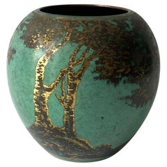 WMF Ikora Green Patinated Art Deco Metal Rounded Vase with Trees, 1930s
