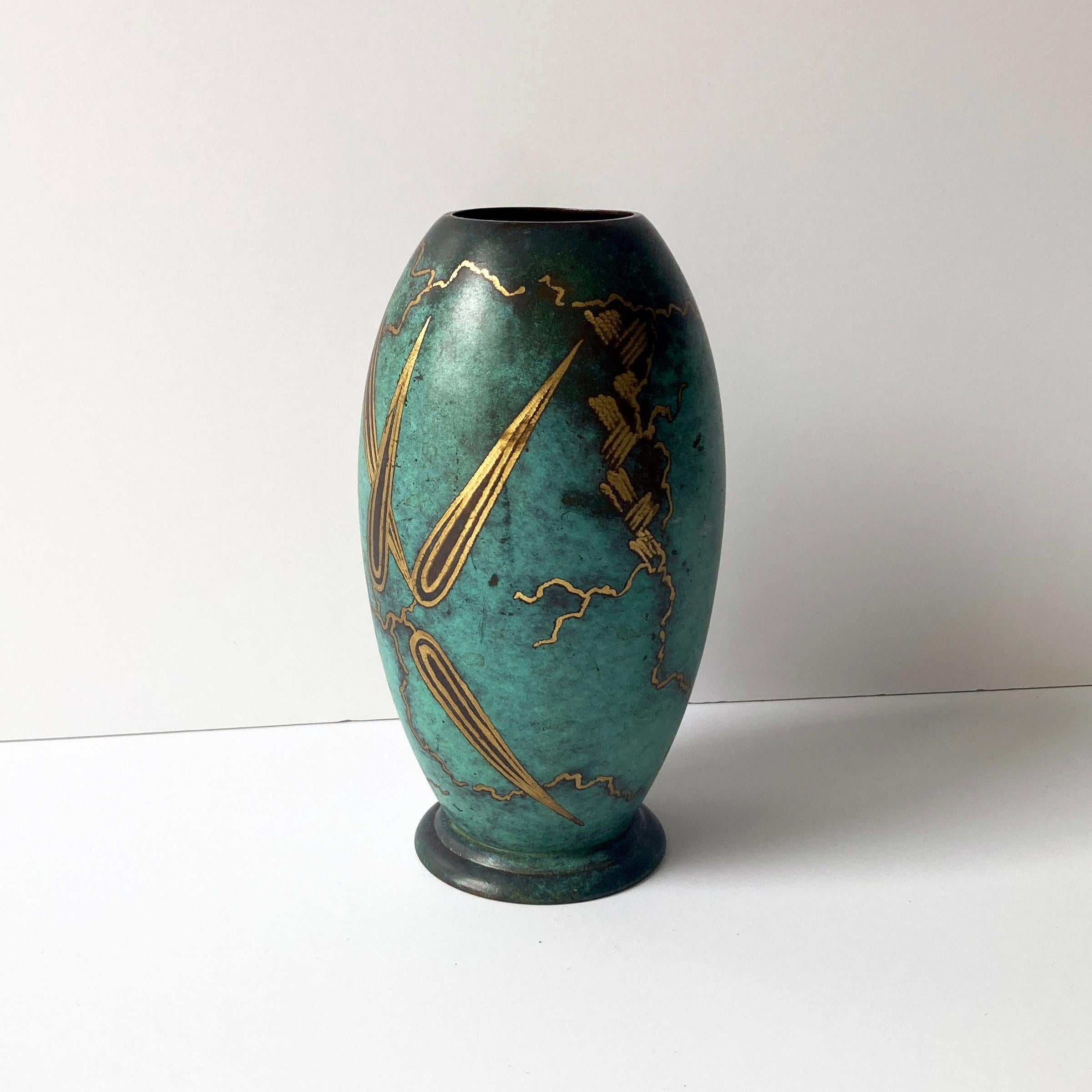German WMF Ikora Green Patinated Paul Haustein Art Deco Vase, Abstract Leaves, 1930s For Sale