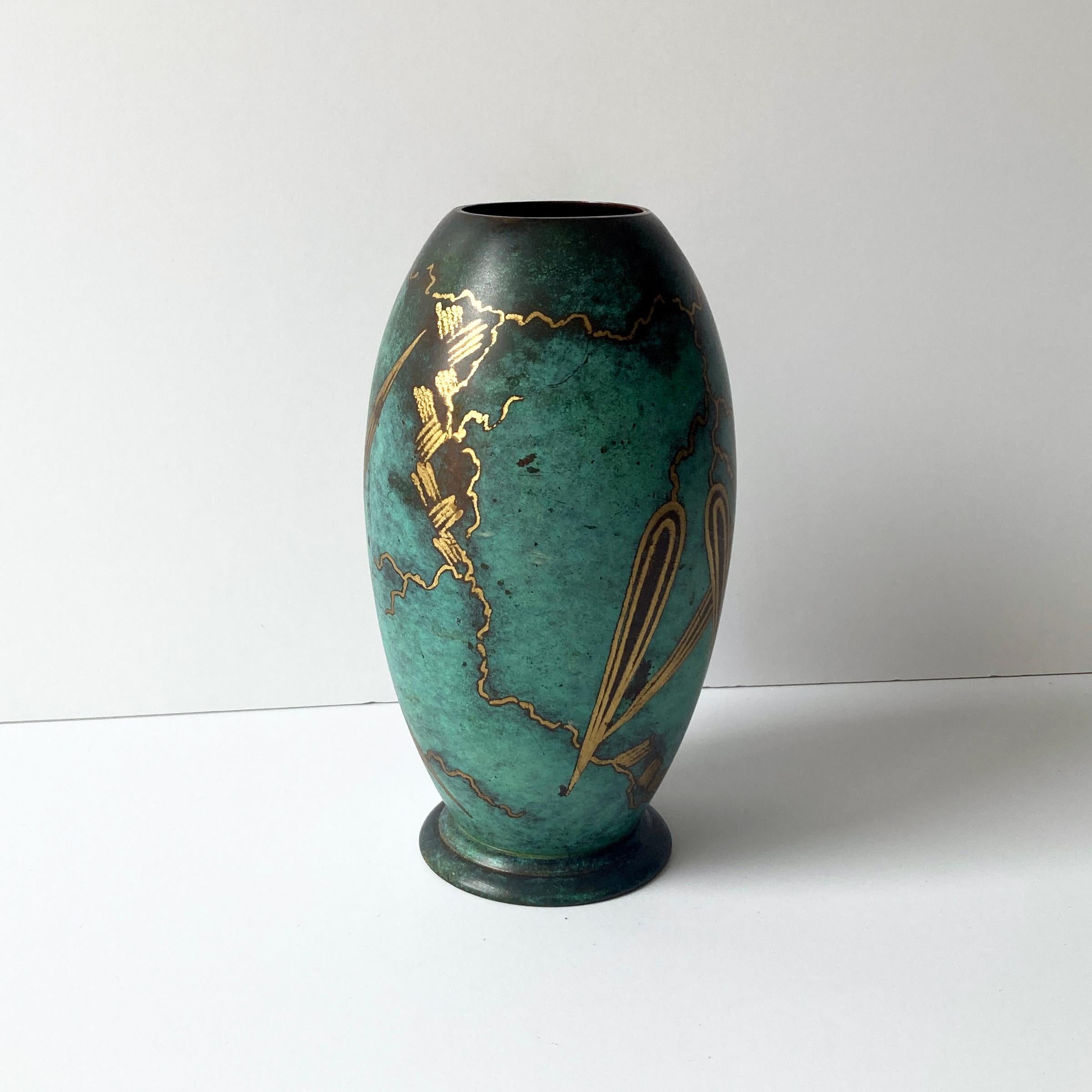 WMF Ikora Green Patinated Paul Haustein Art Deco Vase, Abstract Leaves, 1930s In Good Condition For Sale In New York, NY