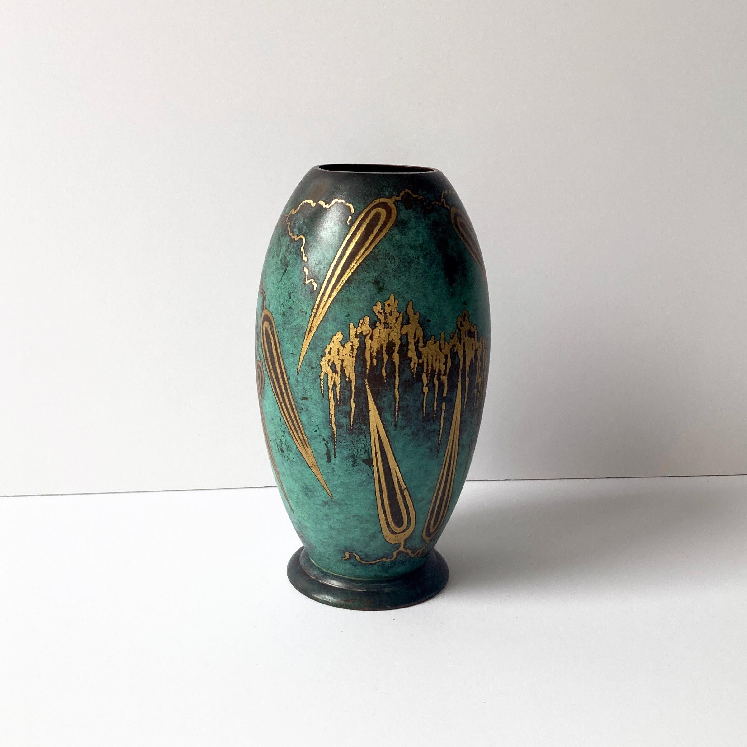 Mid-20th Century WMF Ikora Green Patinated Paul Haustein Art Deco Vase, Abstract Leaves, 1930s For Sale