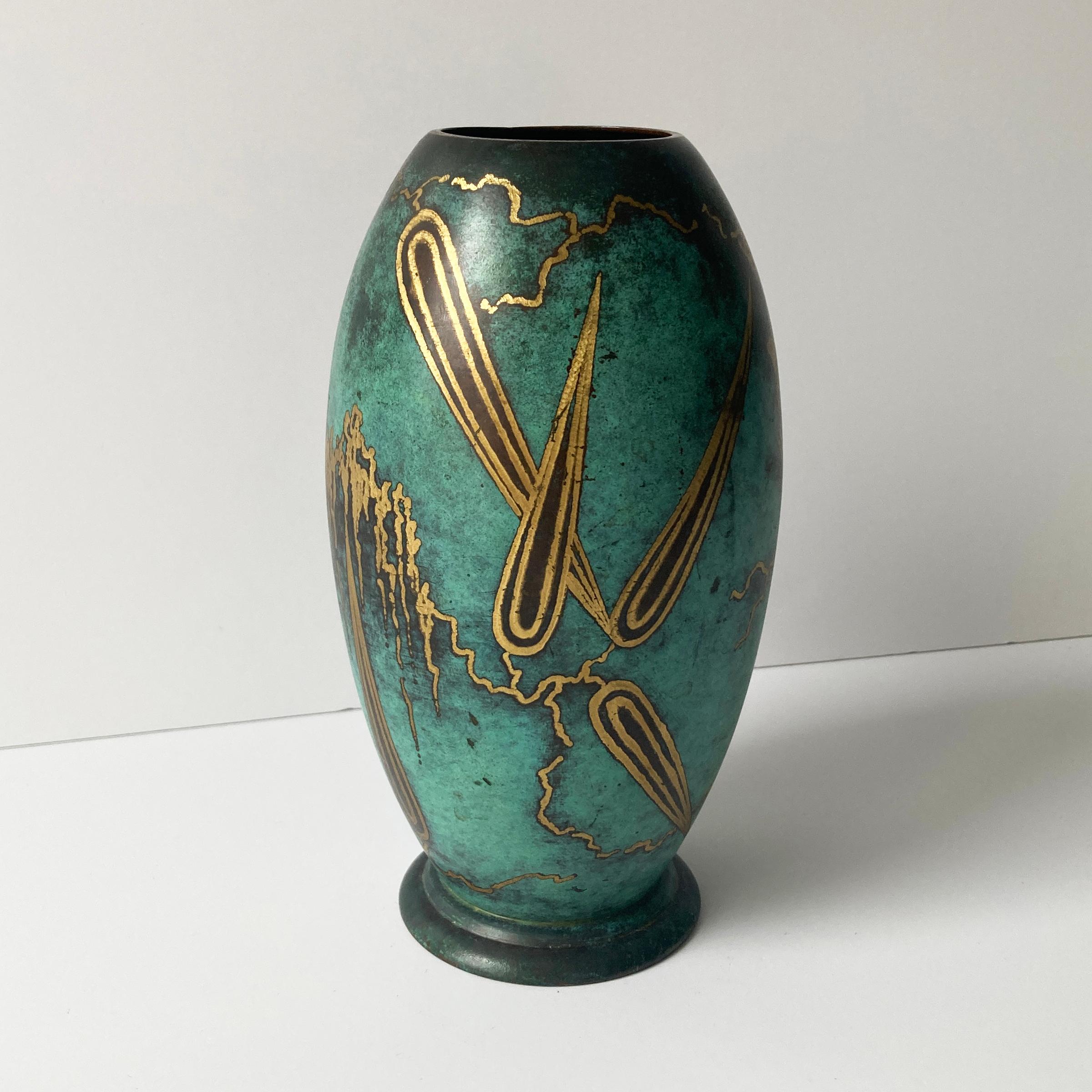 WMF Ikora Green Patinated Paul Haustein Art Deco Vase, Abstract Leaves, 1930s For Sale 1