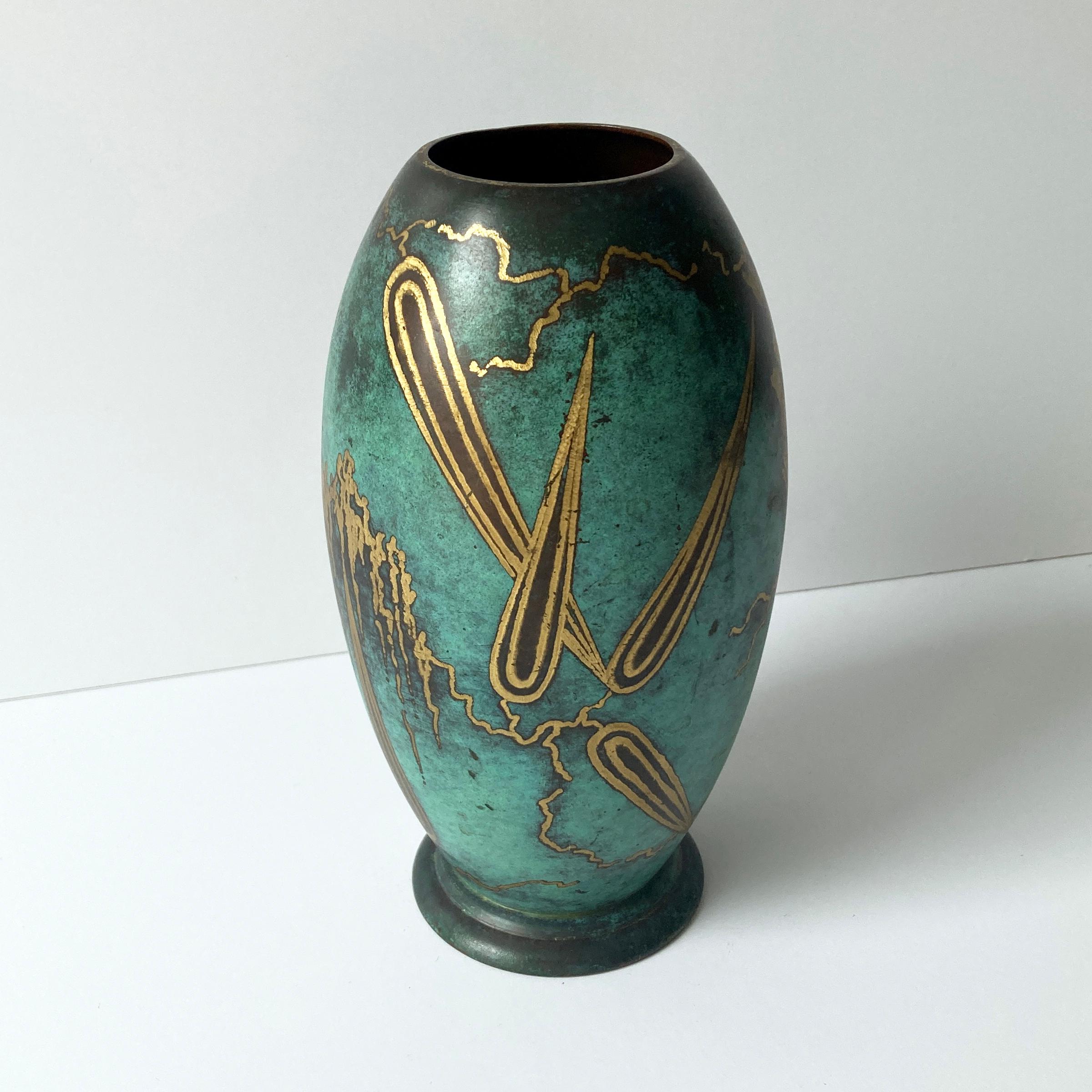 WMF Ikora Green Patinated Paul Haustein Art Deco Vase, Abstract Leaves, 1930s For Sale 2