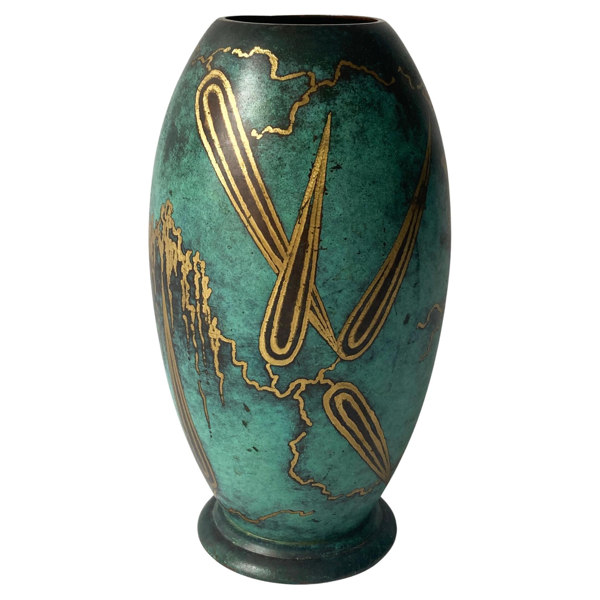 WMF Ikora Green Patinated Paul Haustein Art Deco Vase, Abstract Leaves, 1930s