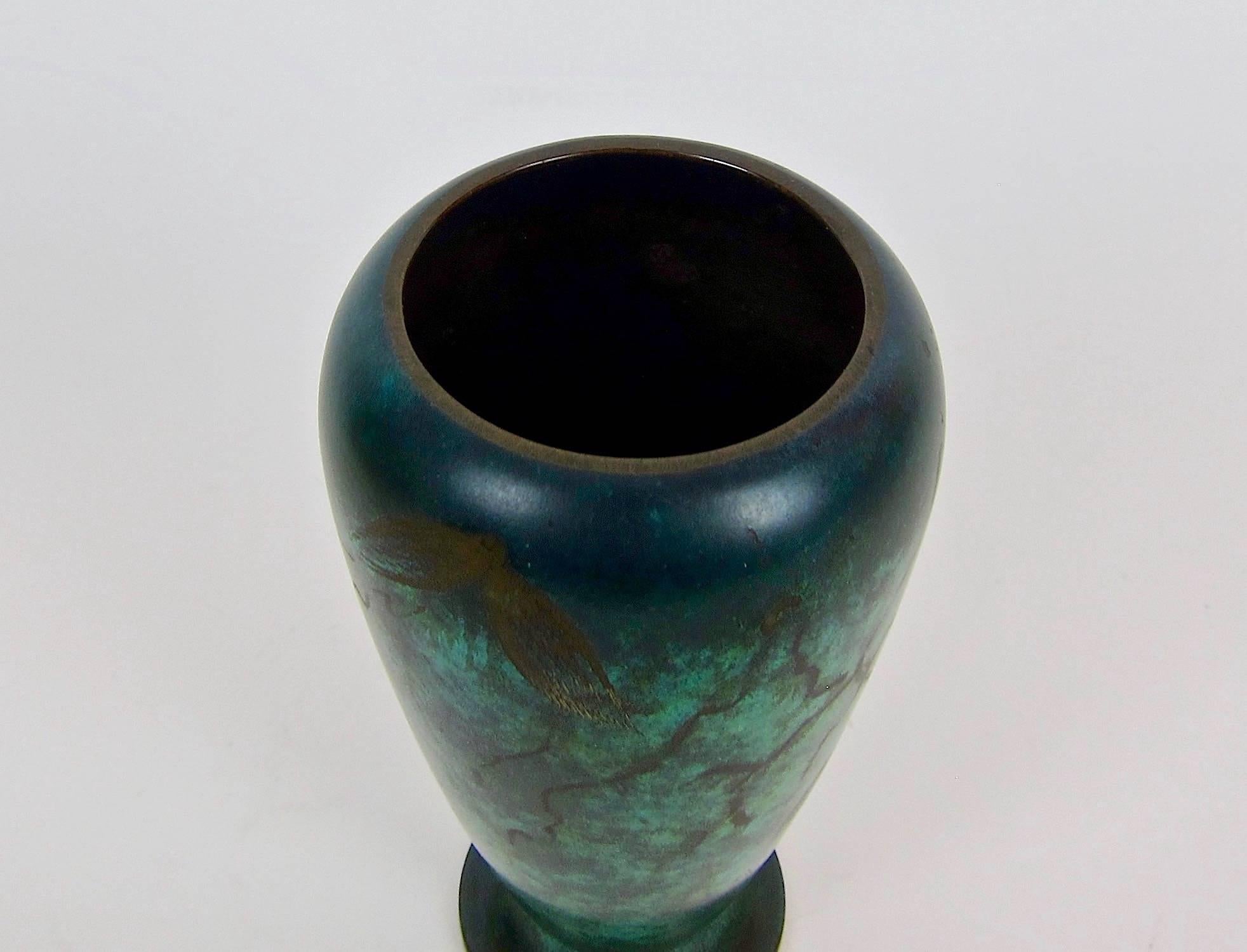 Art Deco WMF Ikora Verdigris Metal Vase with Engraved Leaves 2