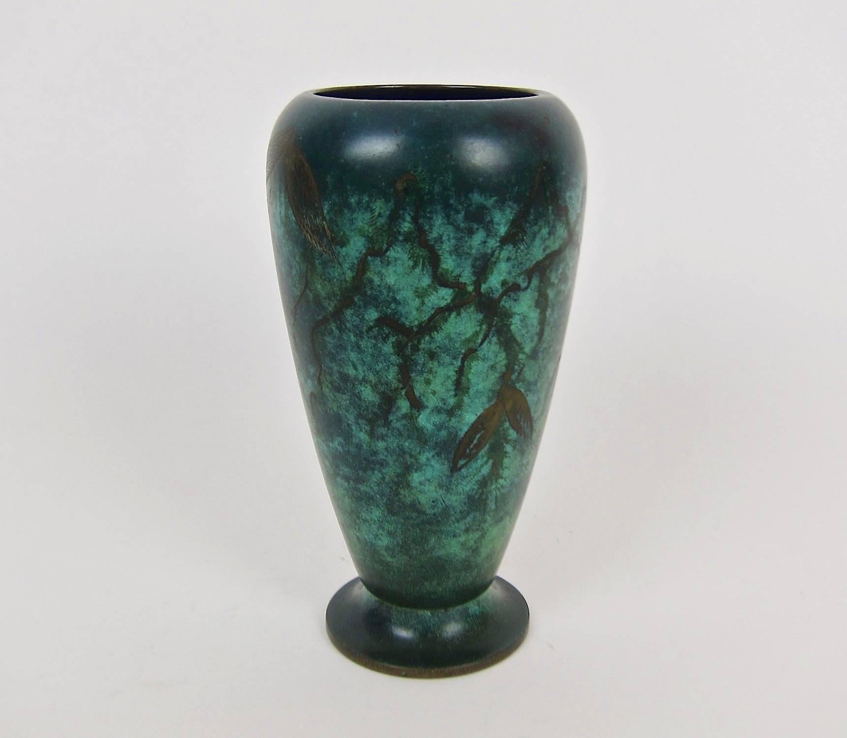 German Art Deco WMF Ikora Verdigris Metal Vase with Engraved Leaves