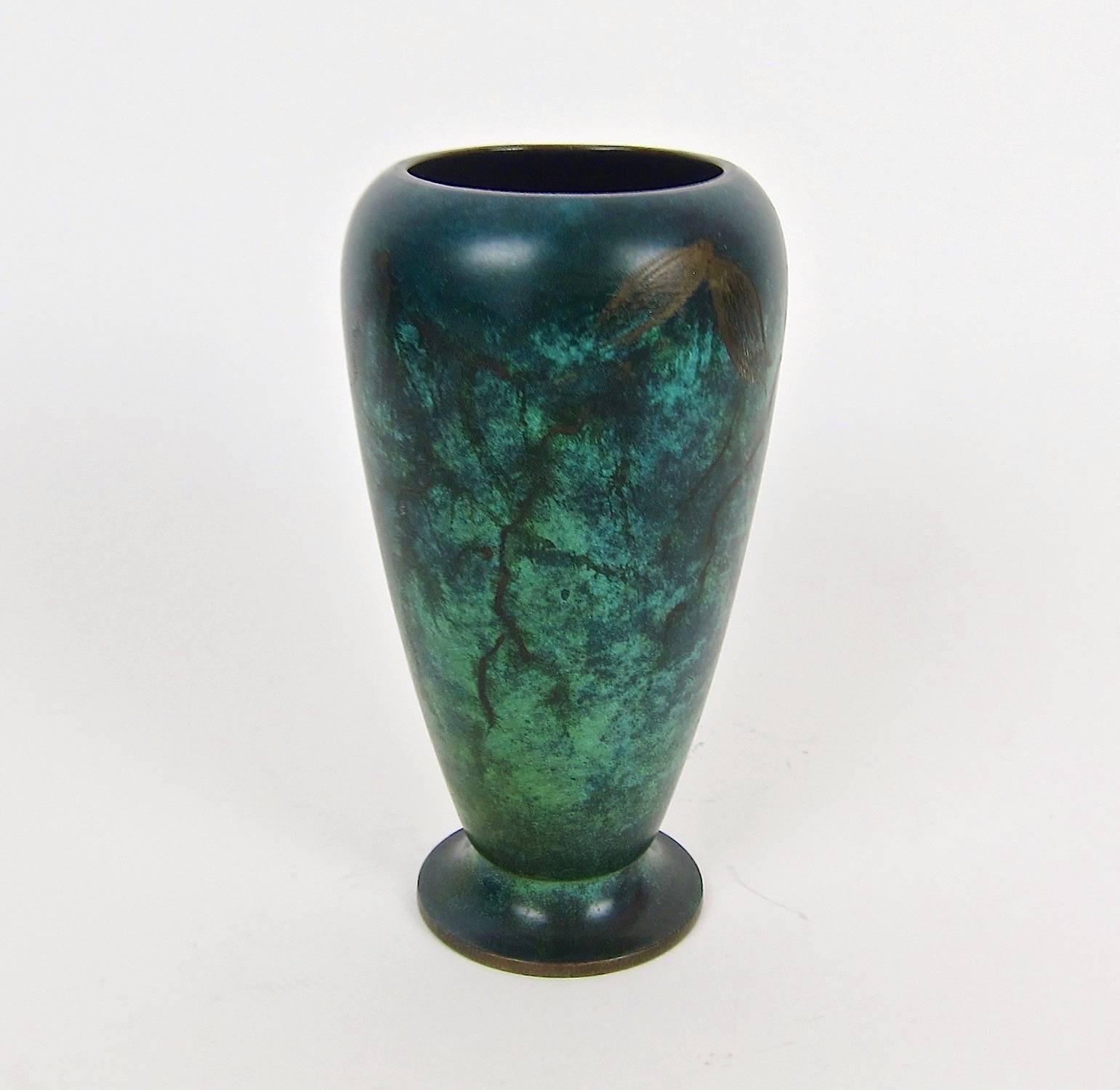 Patinated Art Deco WMF Ikora Verdigris Metal Vase with Engraved Leaves