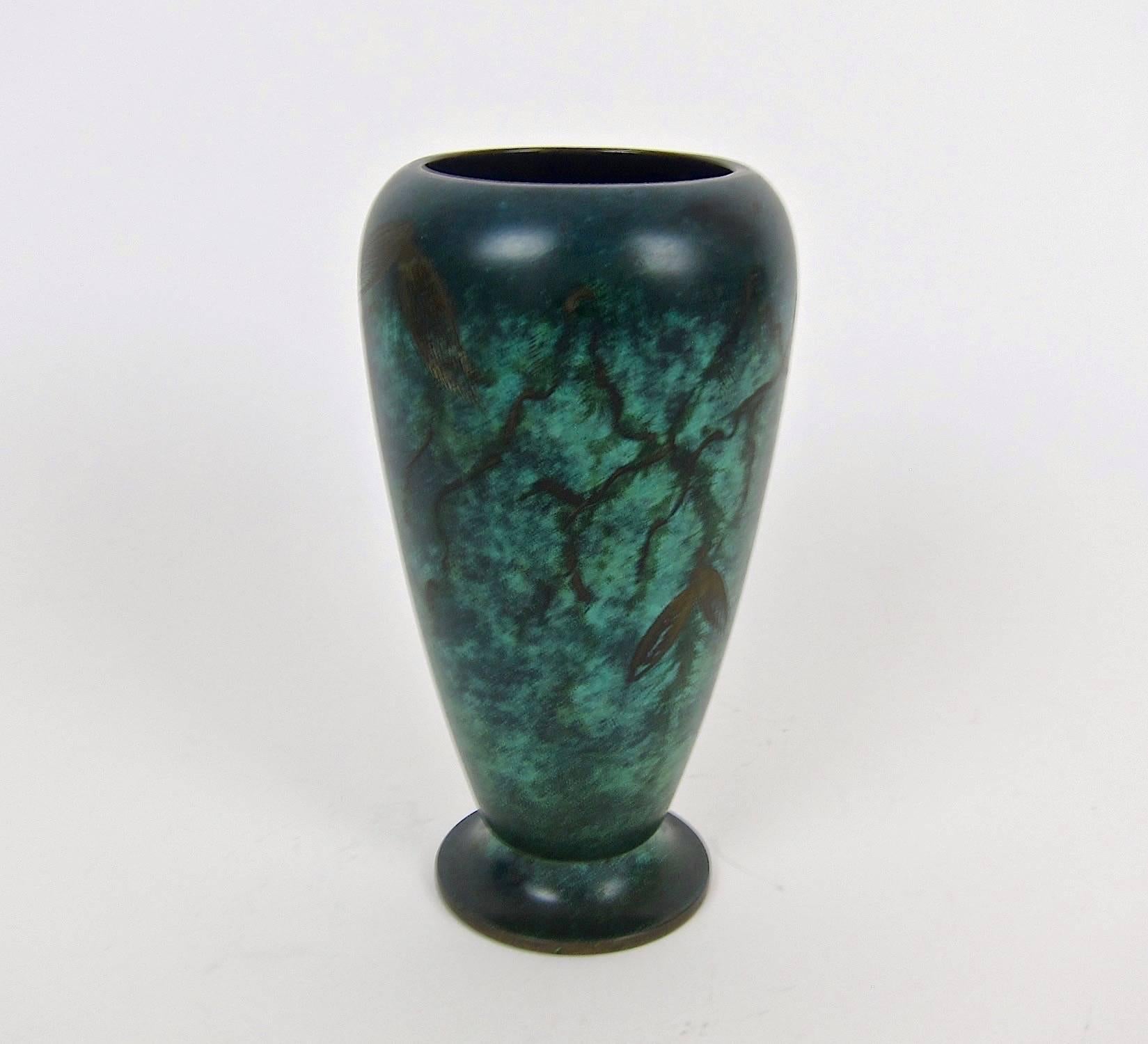 Art Deco WMF Ikora Verdigris Metal Vase with Engraved Leaves In Good Condition In Los Angeles, CA