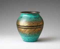 Jarrón de bronce patinado WMF Ikora, Alemania, años 30 -Turquesa y acabado en bronce claro