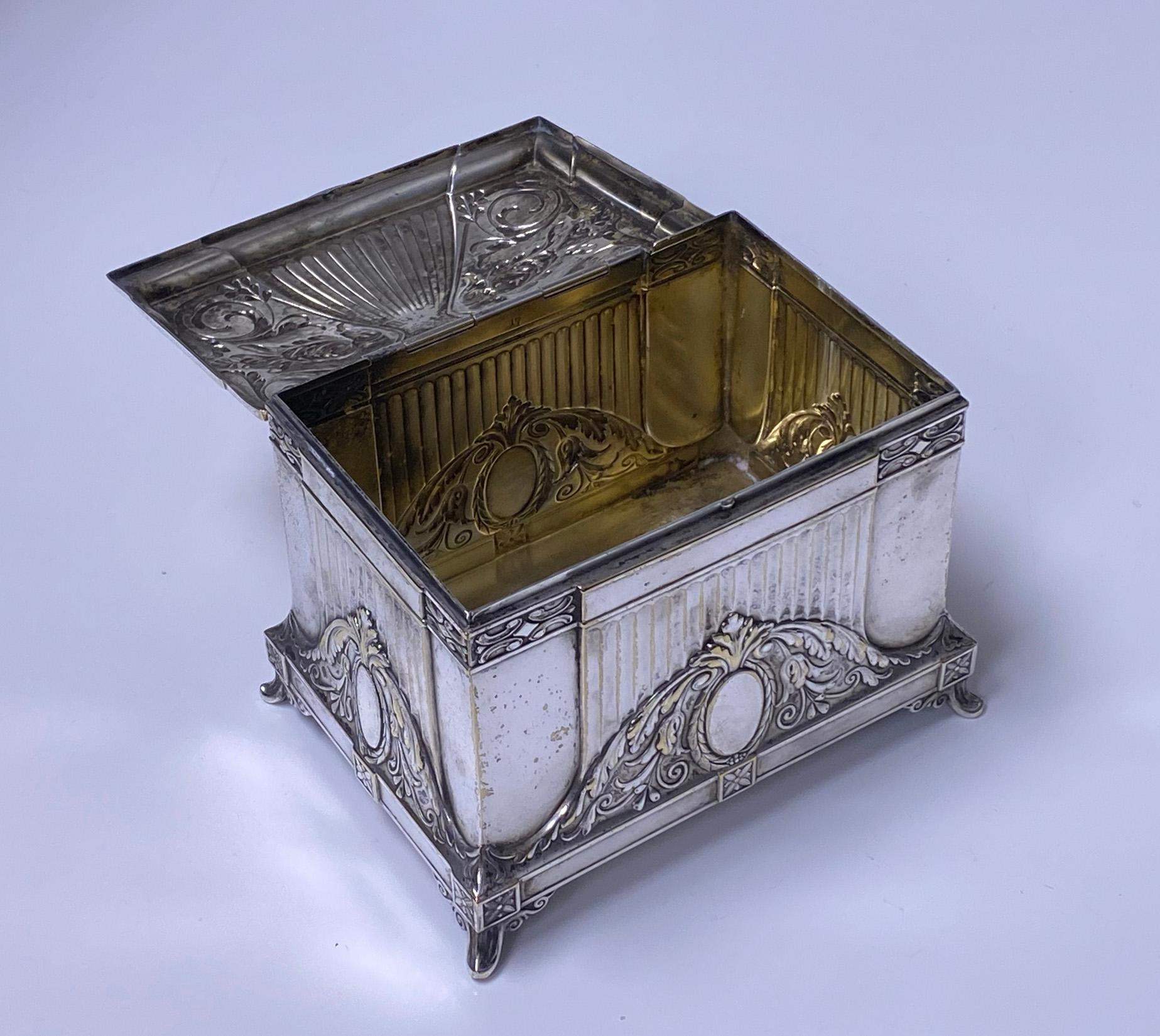 WMF Jugendstil secessionist silver plate jewellery box, Germany, circa 1900. The box of rectangular shape on four turned stylized supports, conforming in style to cornices and decoration of sides and concave dome shape hinged cover with