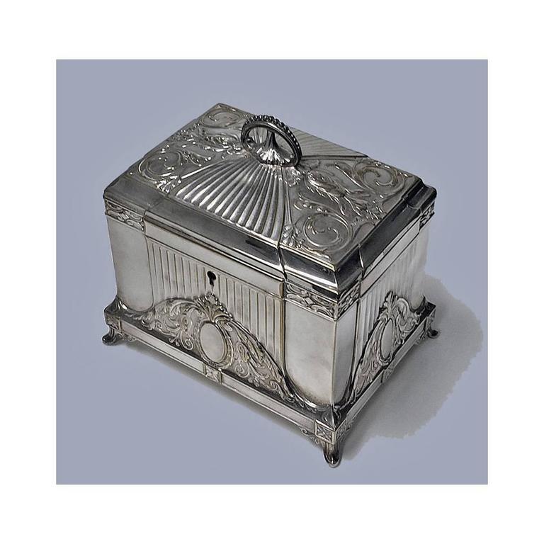 WMF Jugendstil secessionist silver plate jewellery box, Germany, circa 1900. The box of rectangular shape on four turned stylised supports, conforming in style to cornices and decoration of sides and concave dome shape hinged cover with