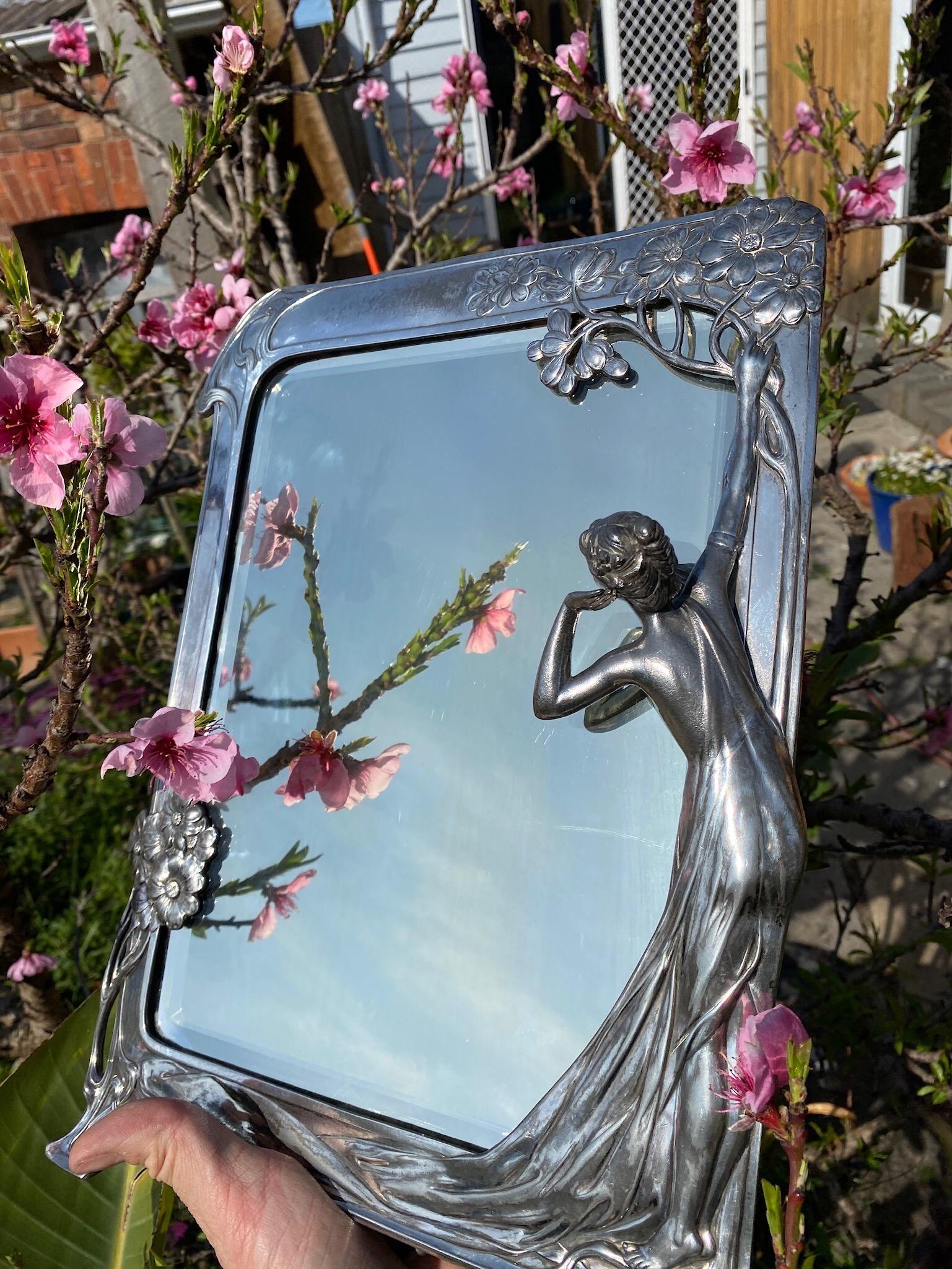 German WMF Jugendstil, Art Nouveau Table Mirror, 'The First Cuckoo', EP, c. 1906 For Sale