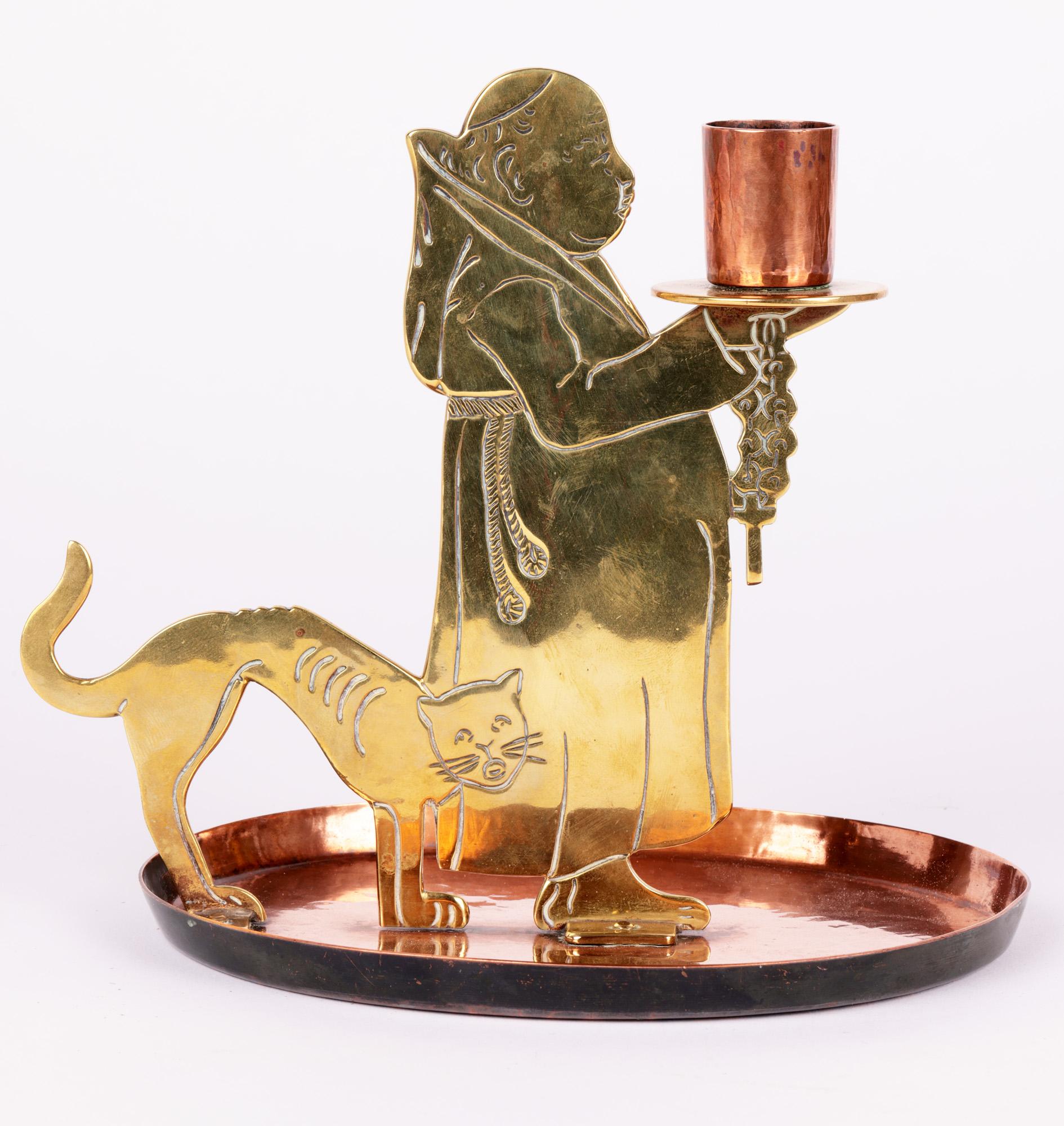 German WMF Jugendstil Copper & Brass Friar and Cat Chamberstick, C.1905 For Sale