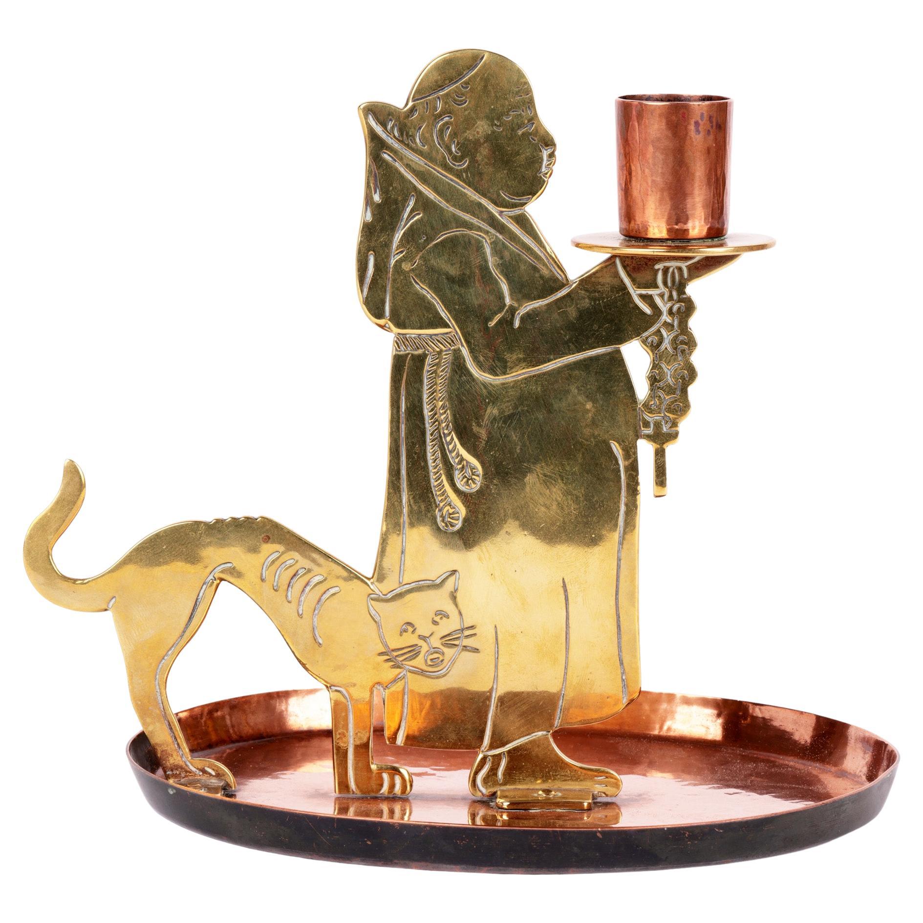 WMF Jugendstil Copper & Brass Friar and Cat Chamberstick, C.1905 For Sale