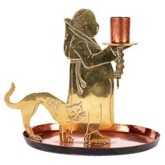 WMF Jugendstil Copper & Brass Friar and Cat Chamberstick, C.1905
