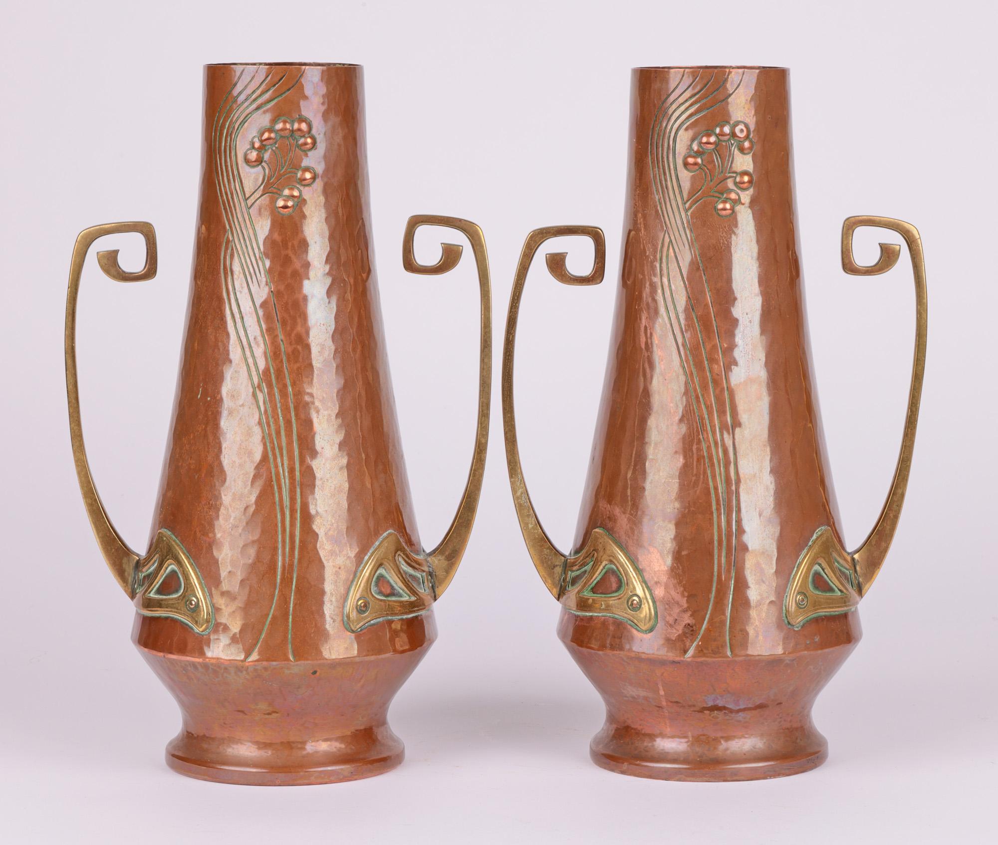 WMF Pair Jugendstil Copper & Brass Twin Handled Vases 4