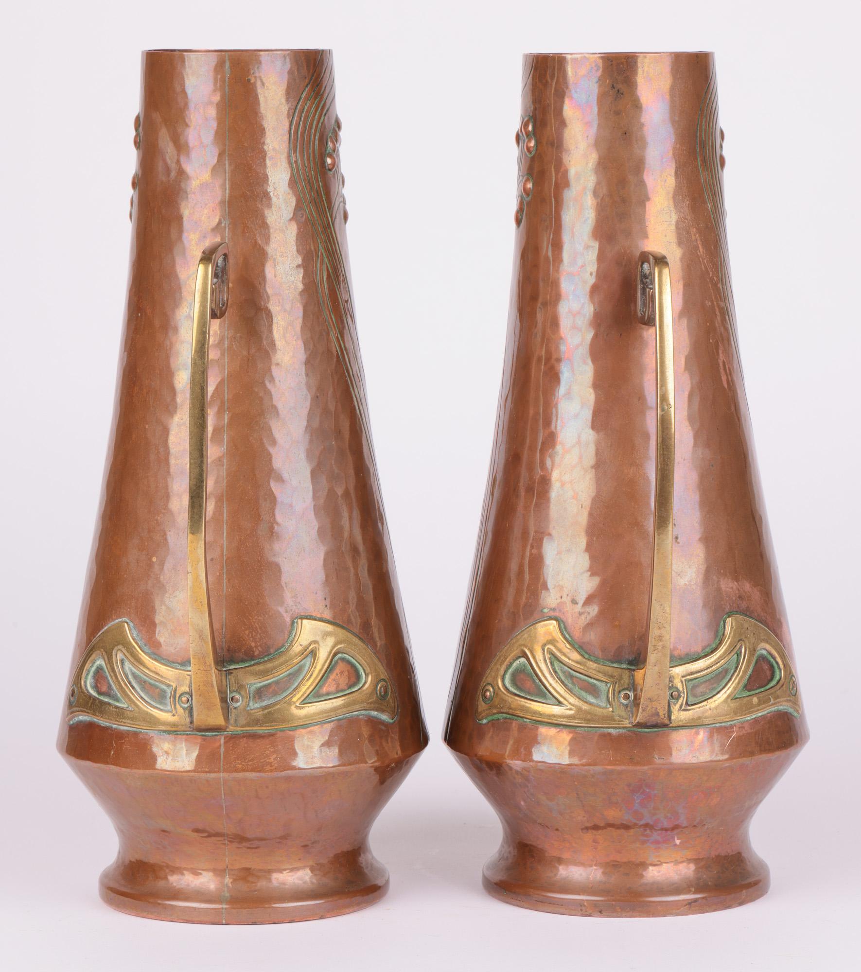 WMF Pair Jugendstil Copper & Brass Twin Handled Vases 6