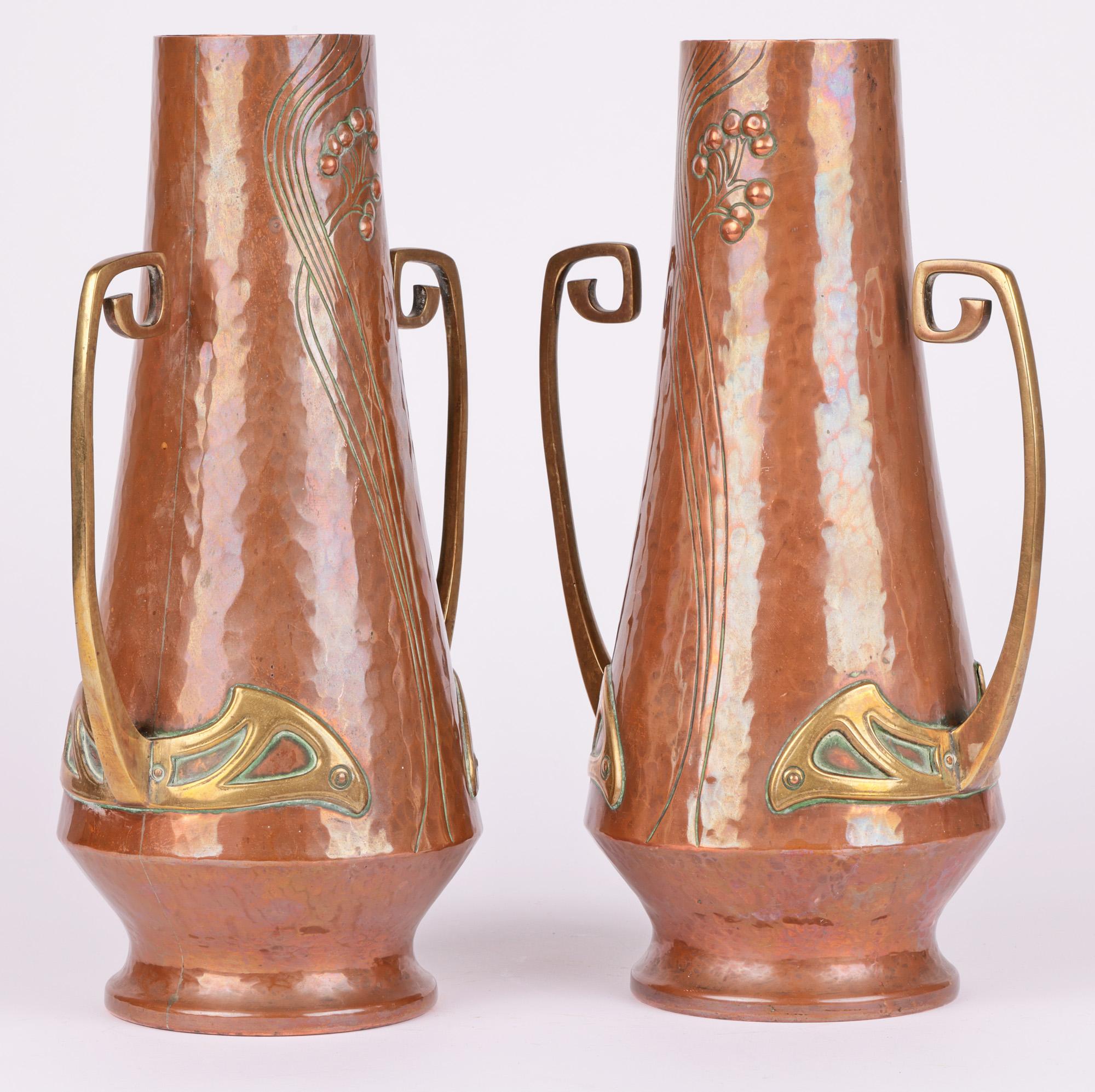 WMF Pair Jugendstil Copper & Brass Twin Handled Vases 7