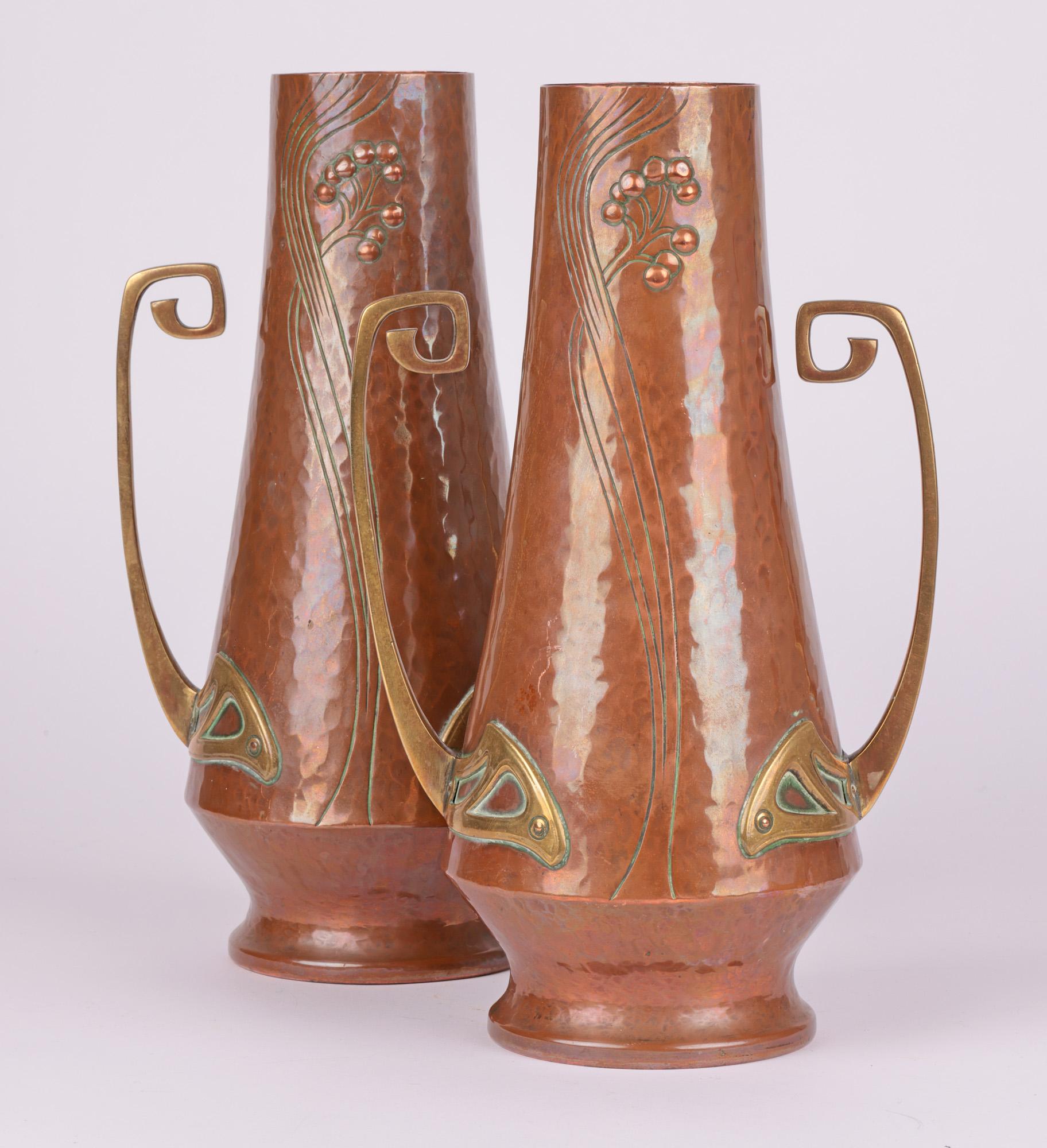 WMF Pair Jugendstil Copper & Brass Twin Handled Vases 9