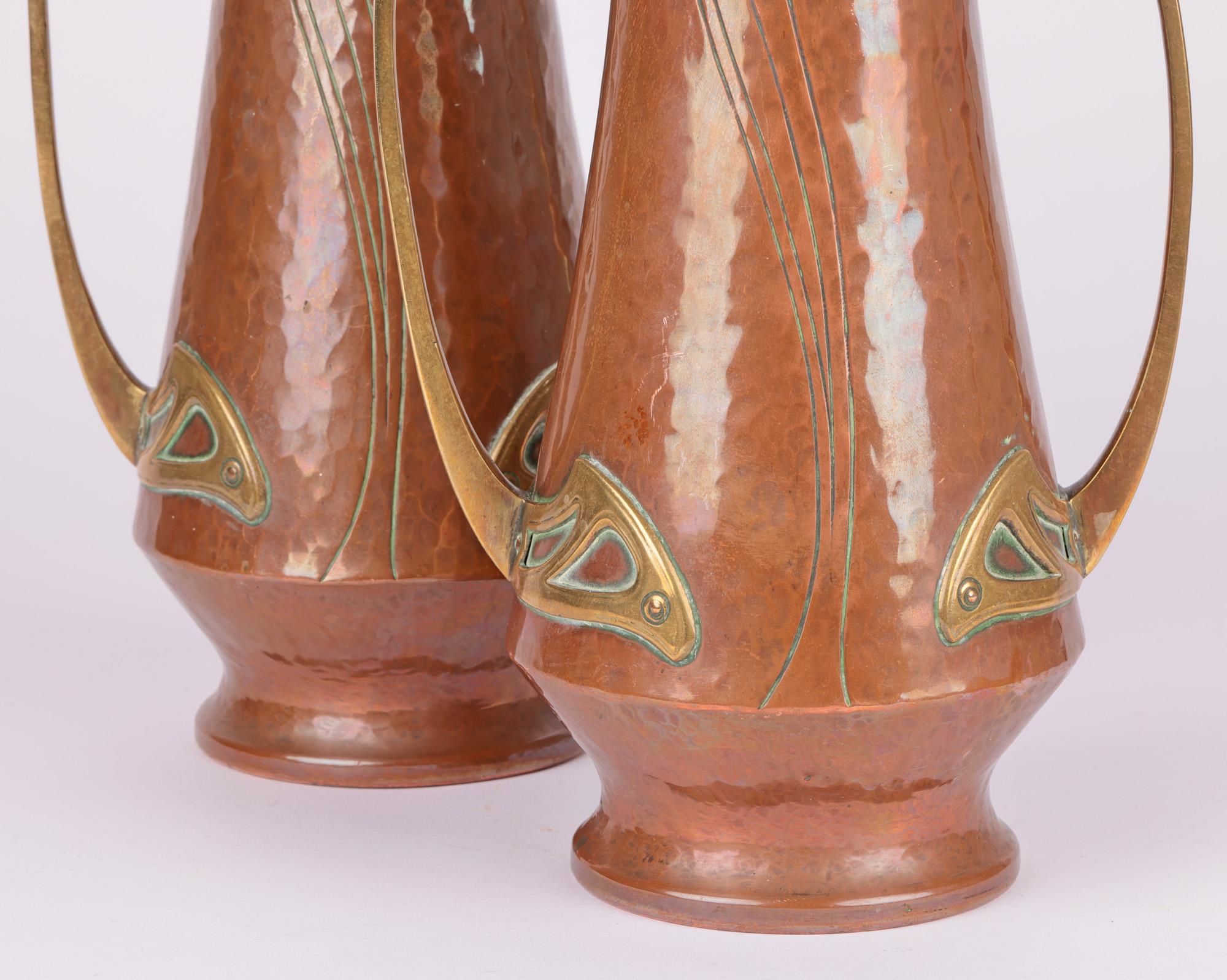 WMF Pair Jugendstil Copper & Brass Twin Handled Vases 10