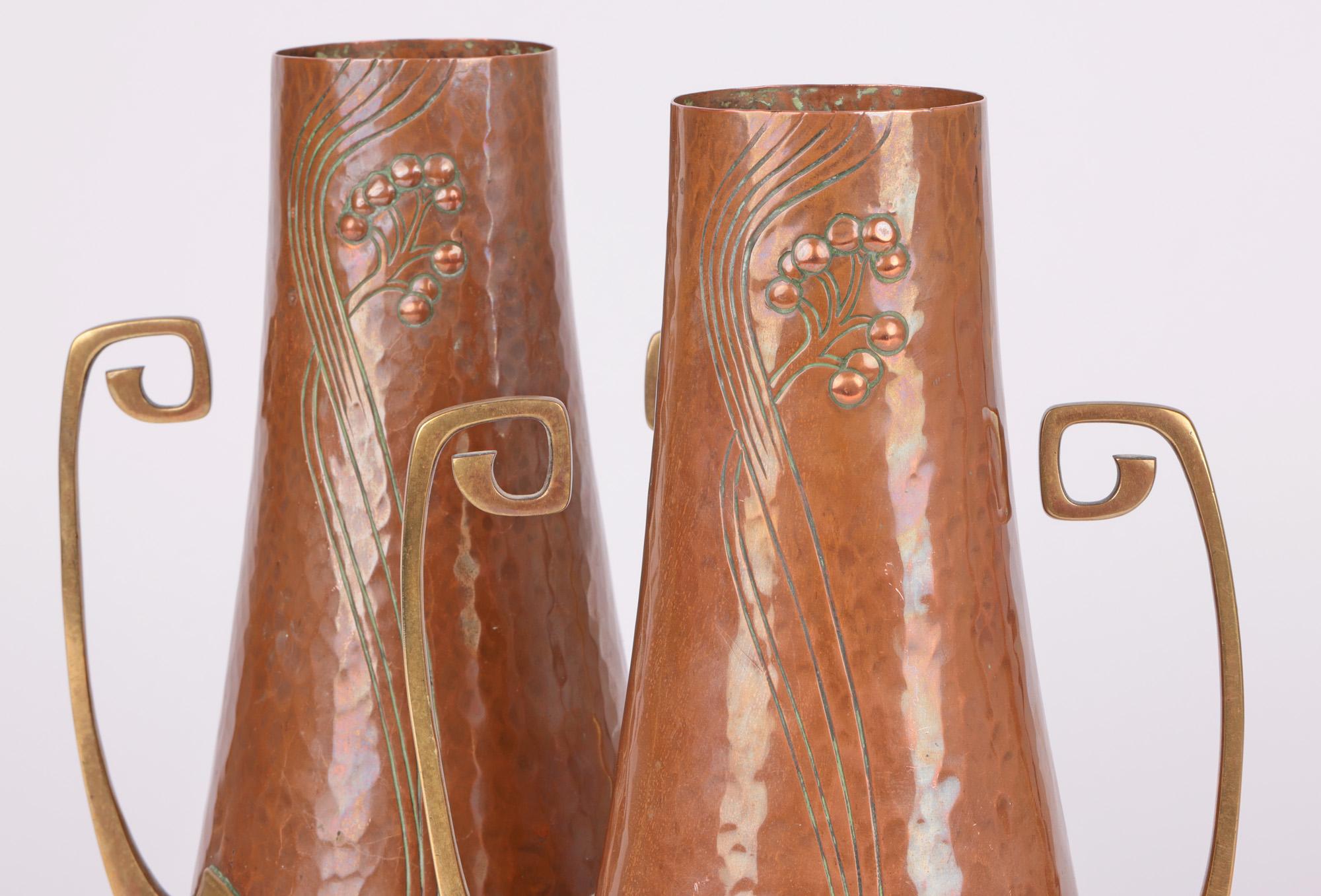 WMF Pair Jugendstil Copper & Brass Twin Handled Vases 11