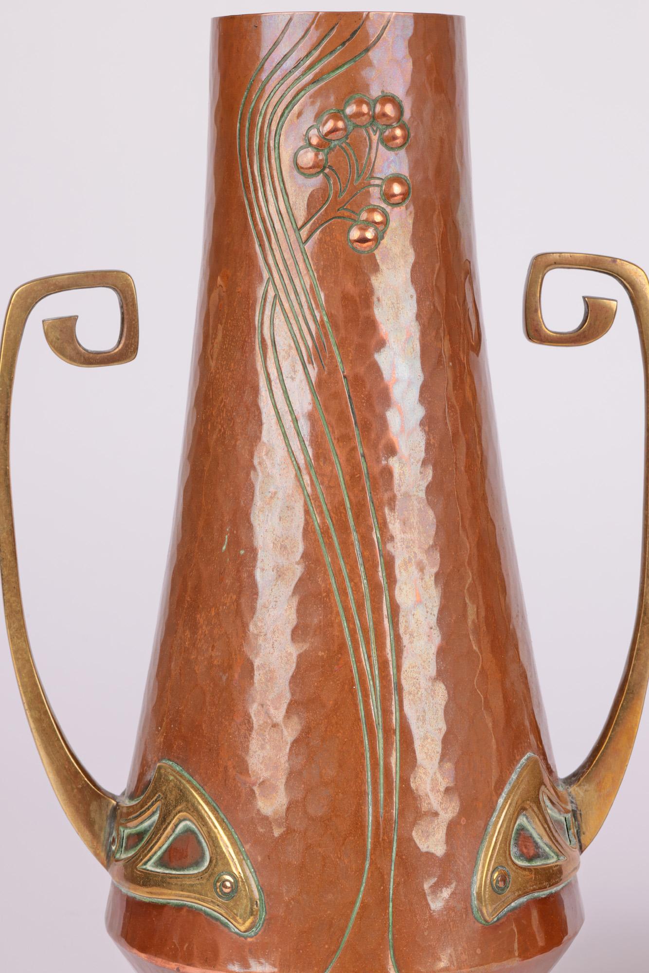 WMF Pair Jugendstil Copper & Brass Twin Handled Vases 13