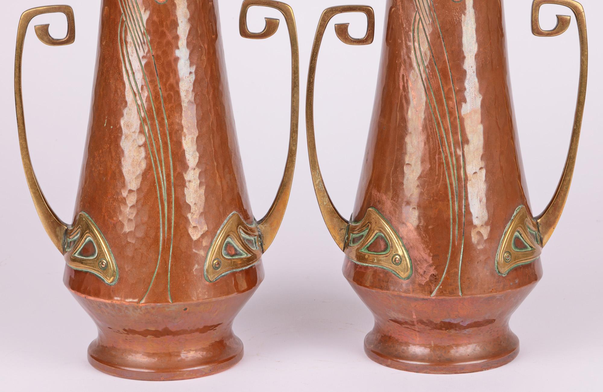 German WMF Pair Jugendstil Copper & Brass Twin Handled Vases