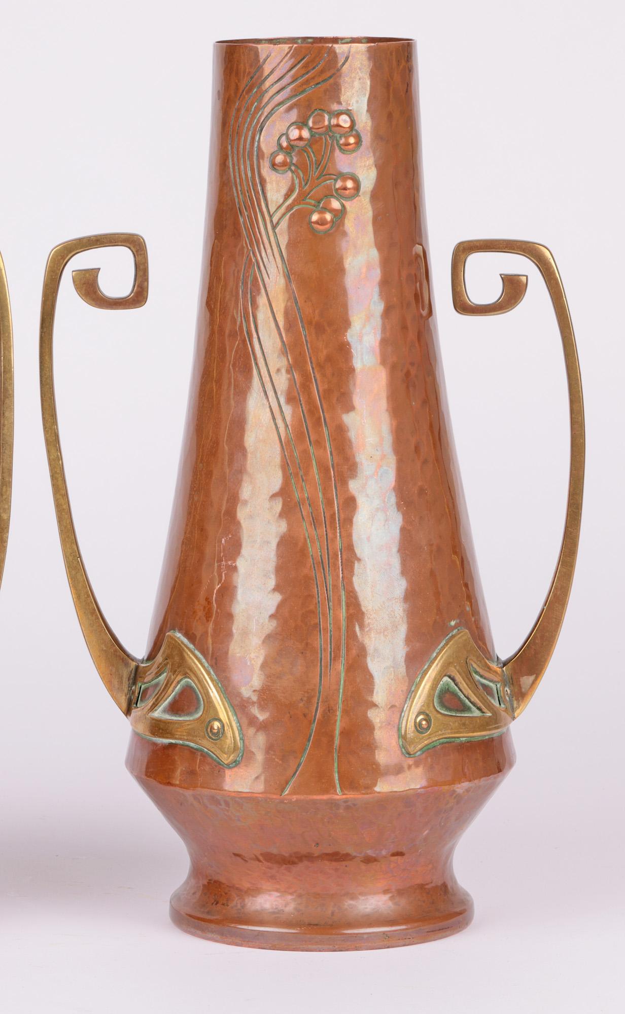 Hand-Crafted WMF Pair Jugendstil Copper & Brass Twin Handled Vases