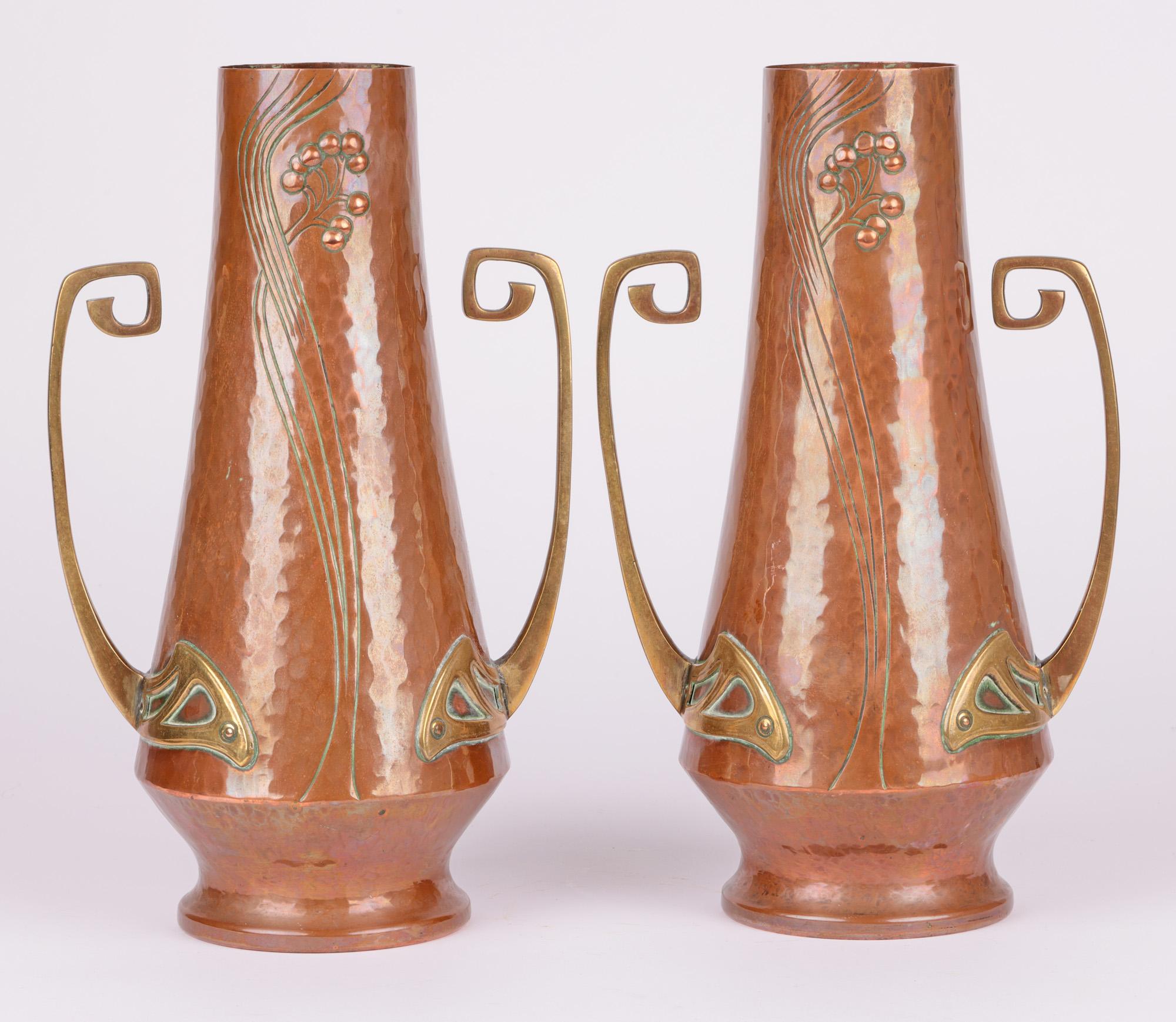 WMF Pair Jugendstil Copper & Brass Twin Handled Vases In Good Condition In Bishop's Stortford, Hertfordshire