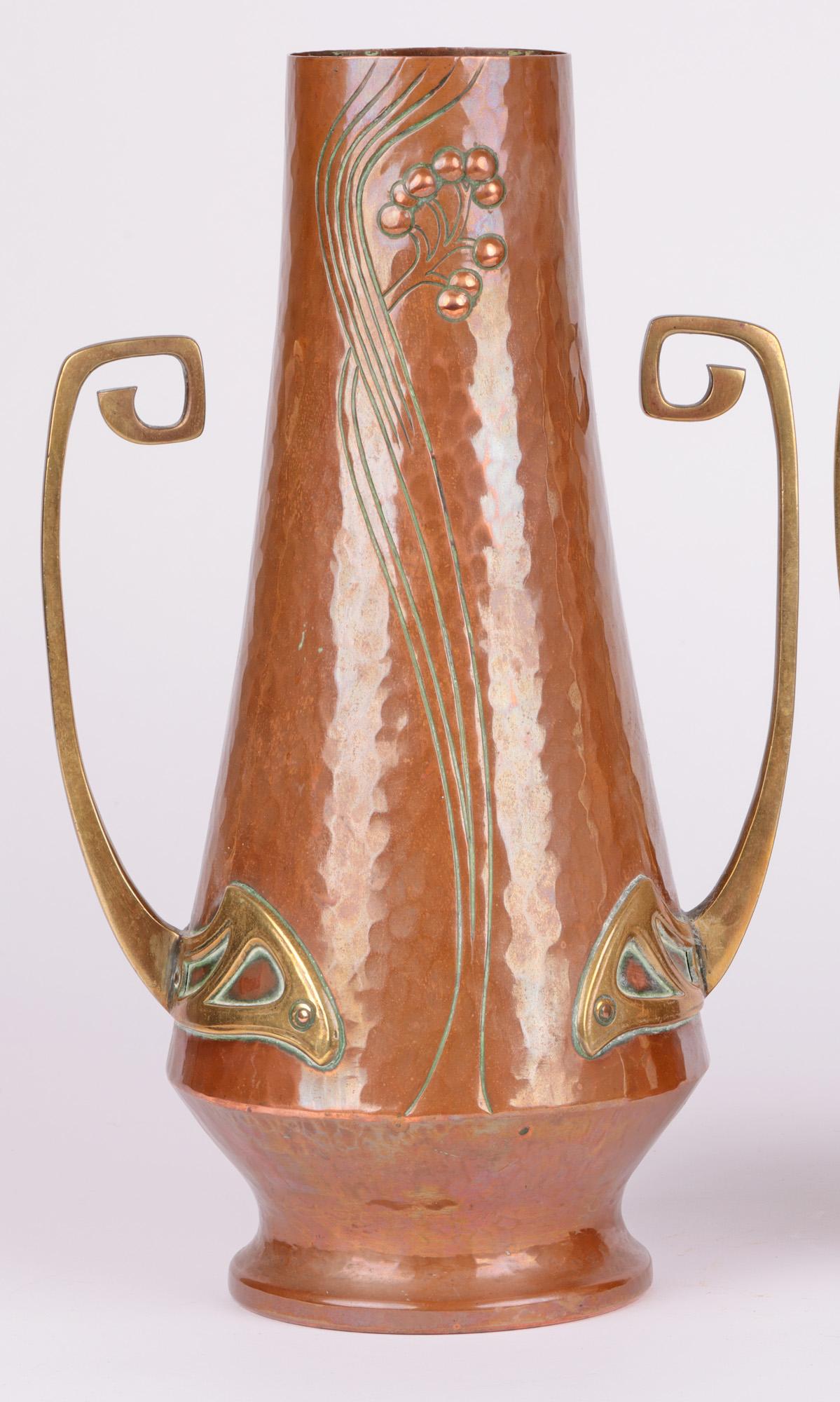WMF Pair Jugendstil Copper & Brass Twin Handled Vases 1