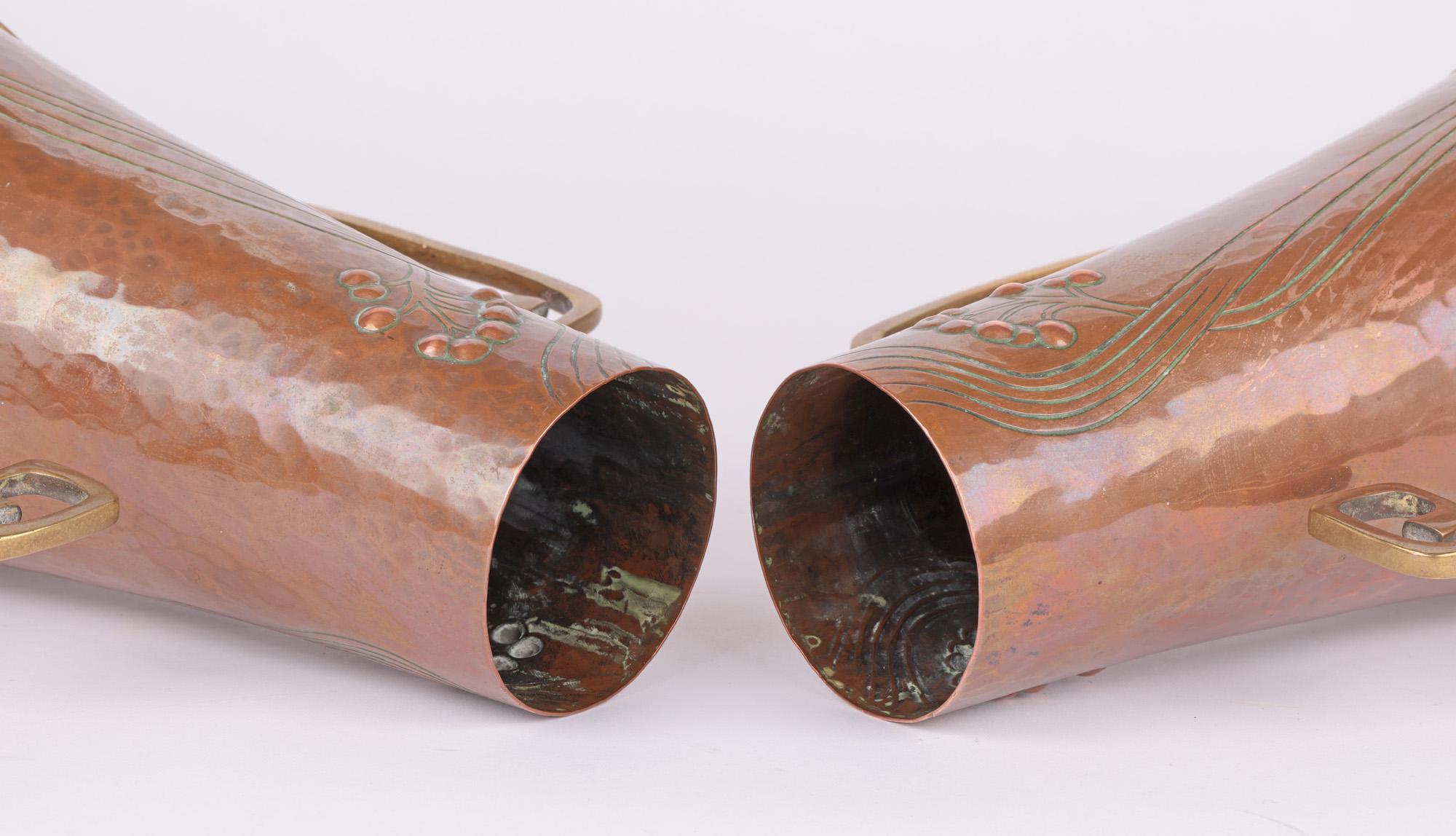 WMF Pair Jugendstil Copper & Brass Twin Handled Vases 2