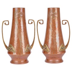 WMF Pair Jugendstil Copper & Brass Twin Handled Vases