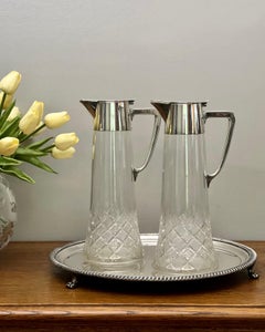 WMF Signed Pair Art Nouveau Silver-Plated Cut-Glass Claret Jug Decanter Carafes