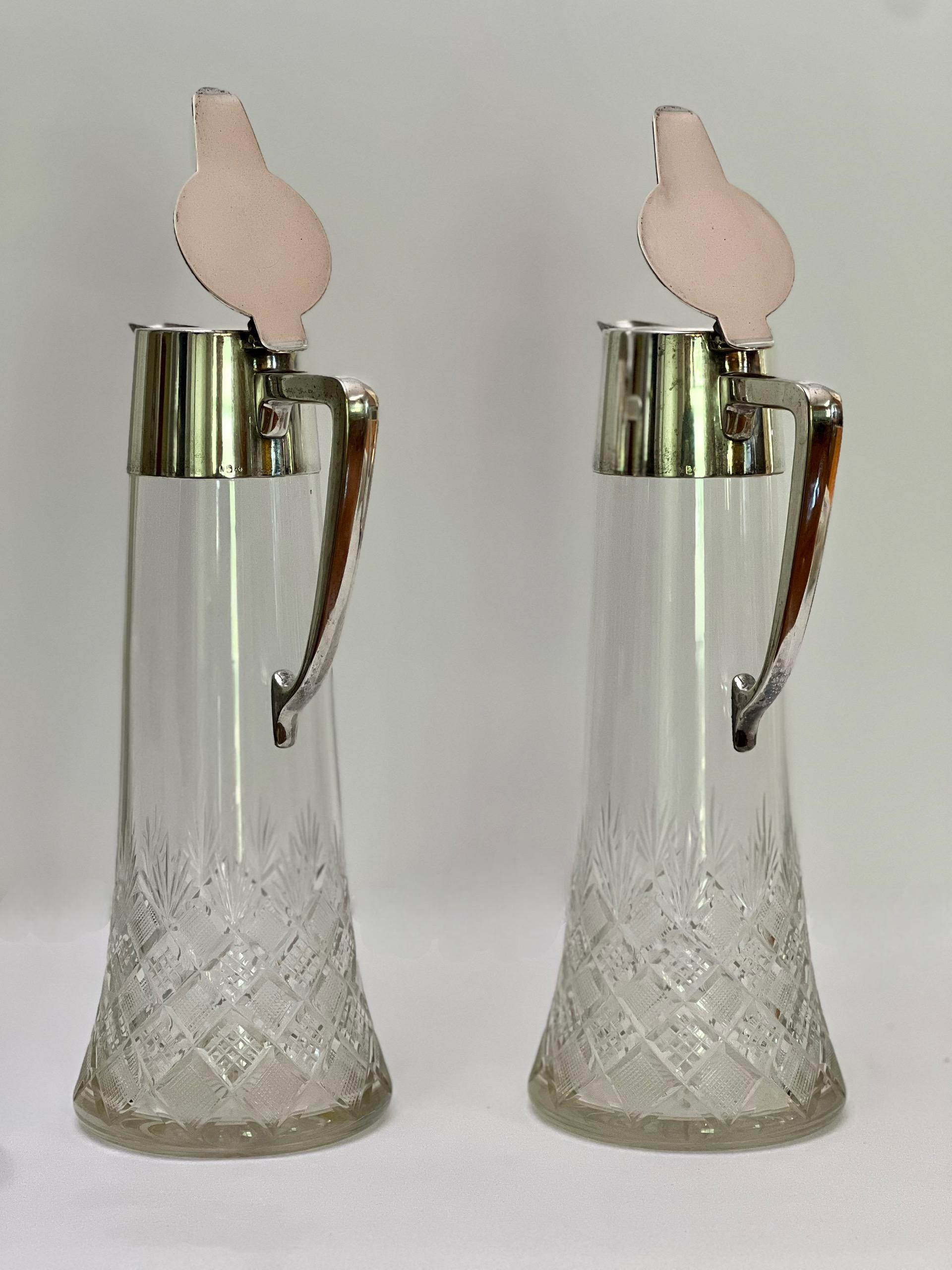 WMF Signiert Paar Jugendstil Versilbert Claret Krug Dekanter Karaffen aus geschliffenem Glas (Deutsch) im Angebot