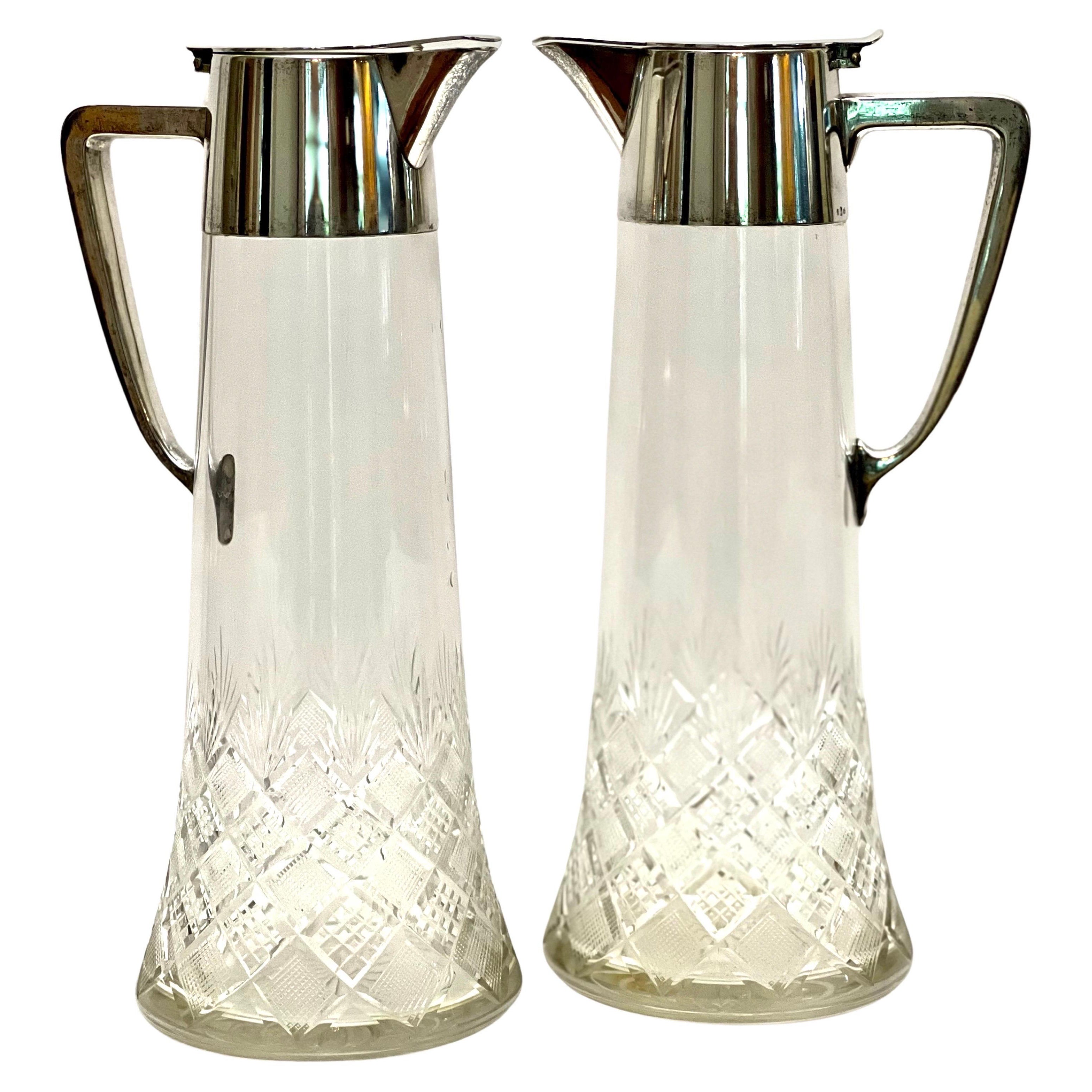 WMF Signiert Paar Jugendstil Versilbert Claret Krug Dekanter Karaffen aus geschliffenem Glas im Angebot