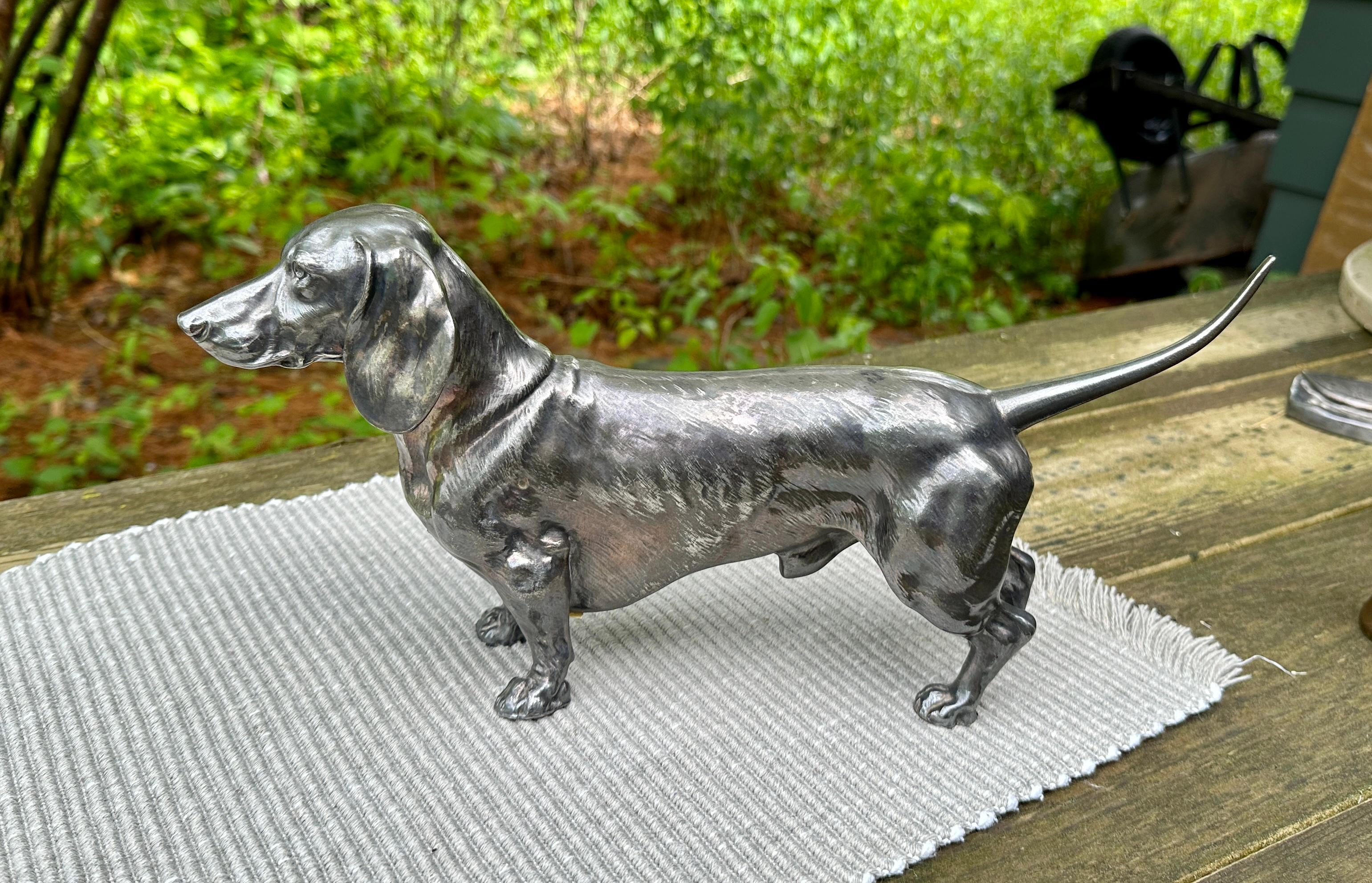 SE TRATA DE UNA MAGNÍFICA FIGURA ANTIGUA DE PERRO SALCHICHA DE PLATA WMF DE UN TAMAÑO MONUMENTAL DE 14 PULGADAS DE LARGO Y 7 PULGADAS DE ALTO Y 3,5 PULGADAS DE PROFUNDIDAD, Y QUE DATA DE ALREDEDOR DE 1900.  EL PERRO SALCHICHA ES UNA PIEZA DE CALIDAD