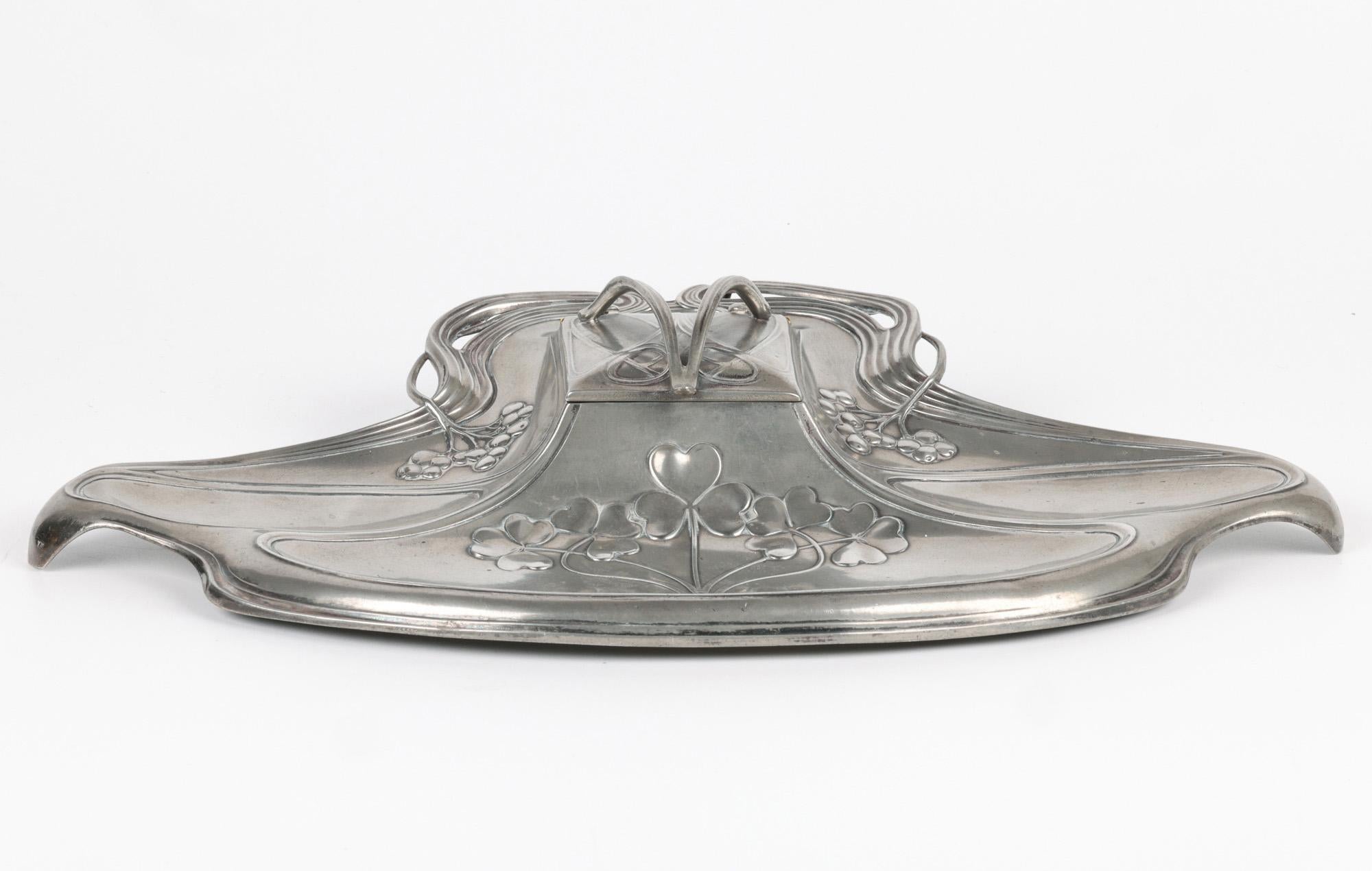 WMF Württembergische Metallwaren German Jugendstil Pewter Desk Stand and Inkwell For Sale 3