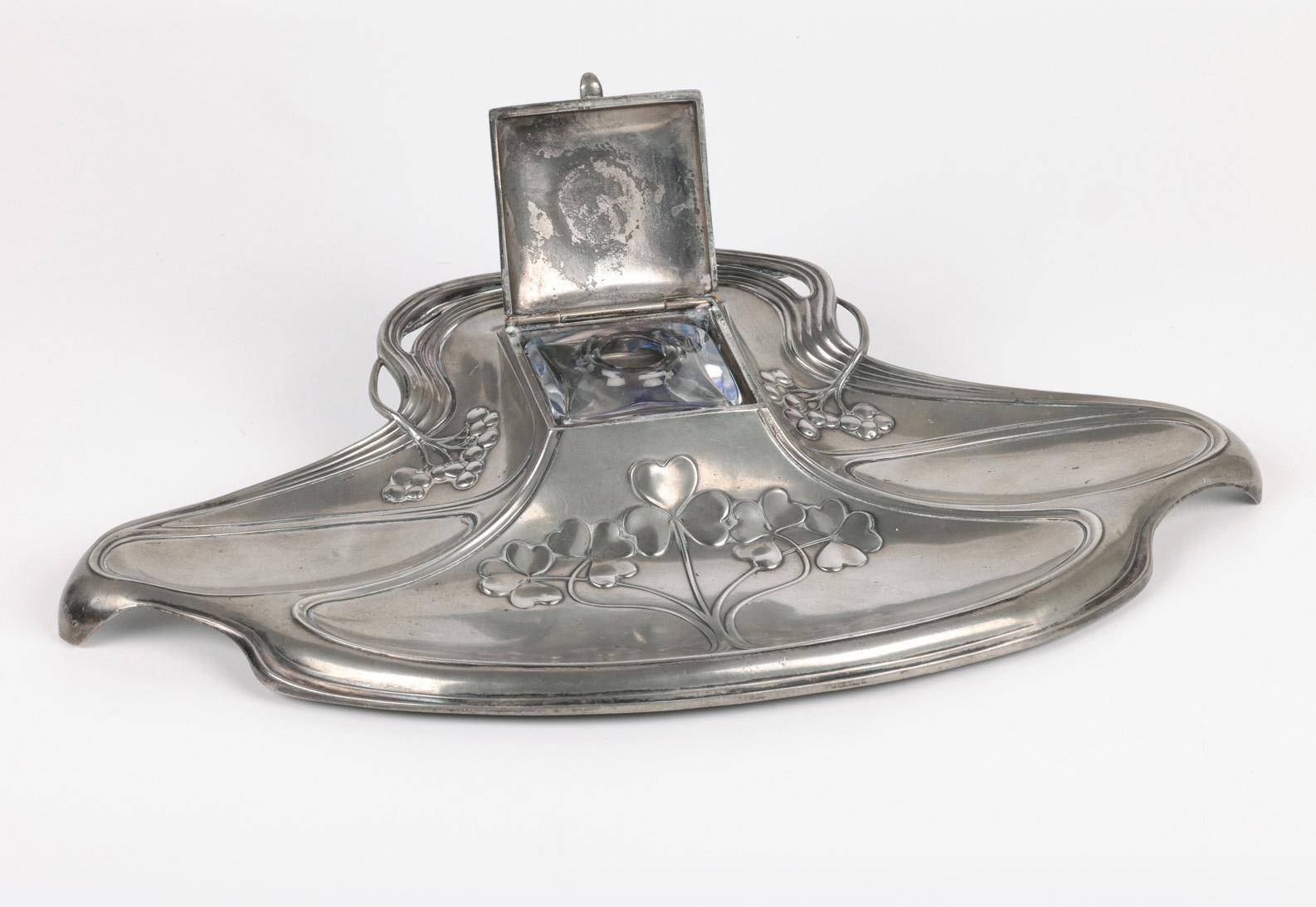 WMF Württembergische Metallwaren German Jugendstil Pewter Desk Stand and Inkwell For Sale 4