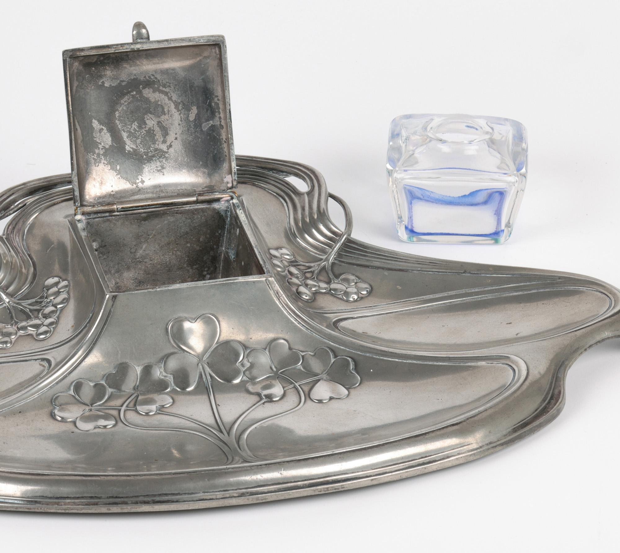 WMF Württembergische Metallwaren German Jugendstil Pewter Desk Stand and Inkwell For Sale 6