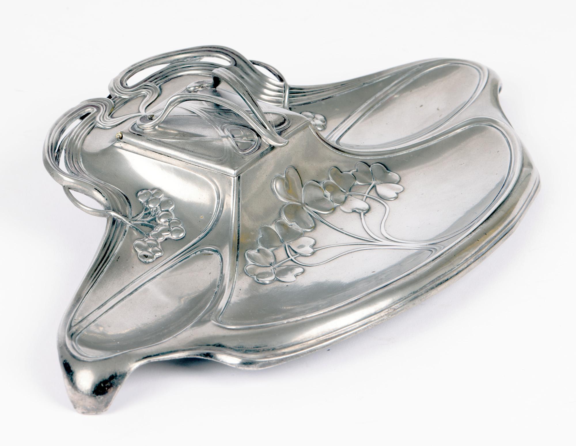 WMF Württembergische Metallwaren German Jugendstil Pewter Desk Stand and Inkwell For Sale 7