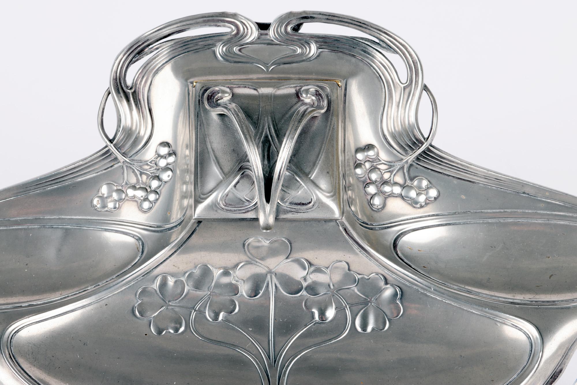 WMF Württembergische Metallwaren German Jugendstil Pewter Desk Stand and Inkwell For Sale 9