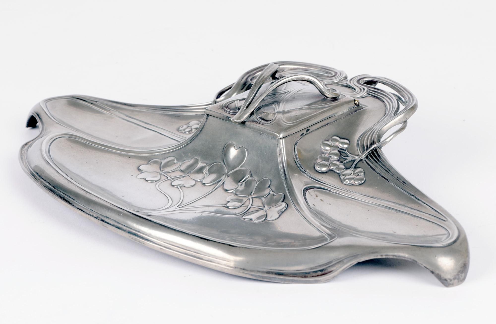 Early 20th Century WMF Württembergische Metallwaren German Jugendstil Pewter Desk Stand and Inkwell For Sale