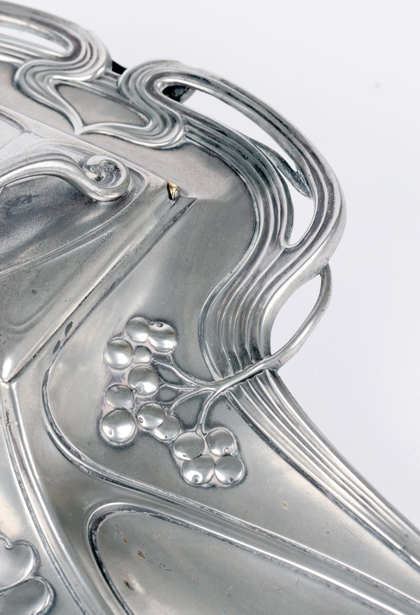 Blown Glass WMF Württembergische Metallwaren German Jugendstil Pewter Desk Stand and Inkwell For Sale