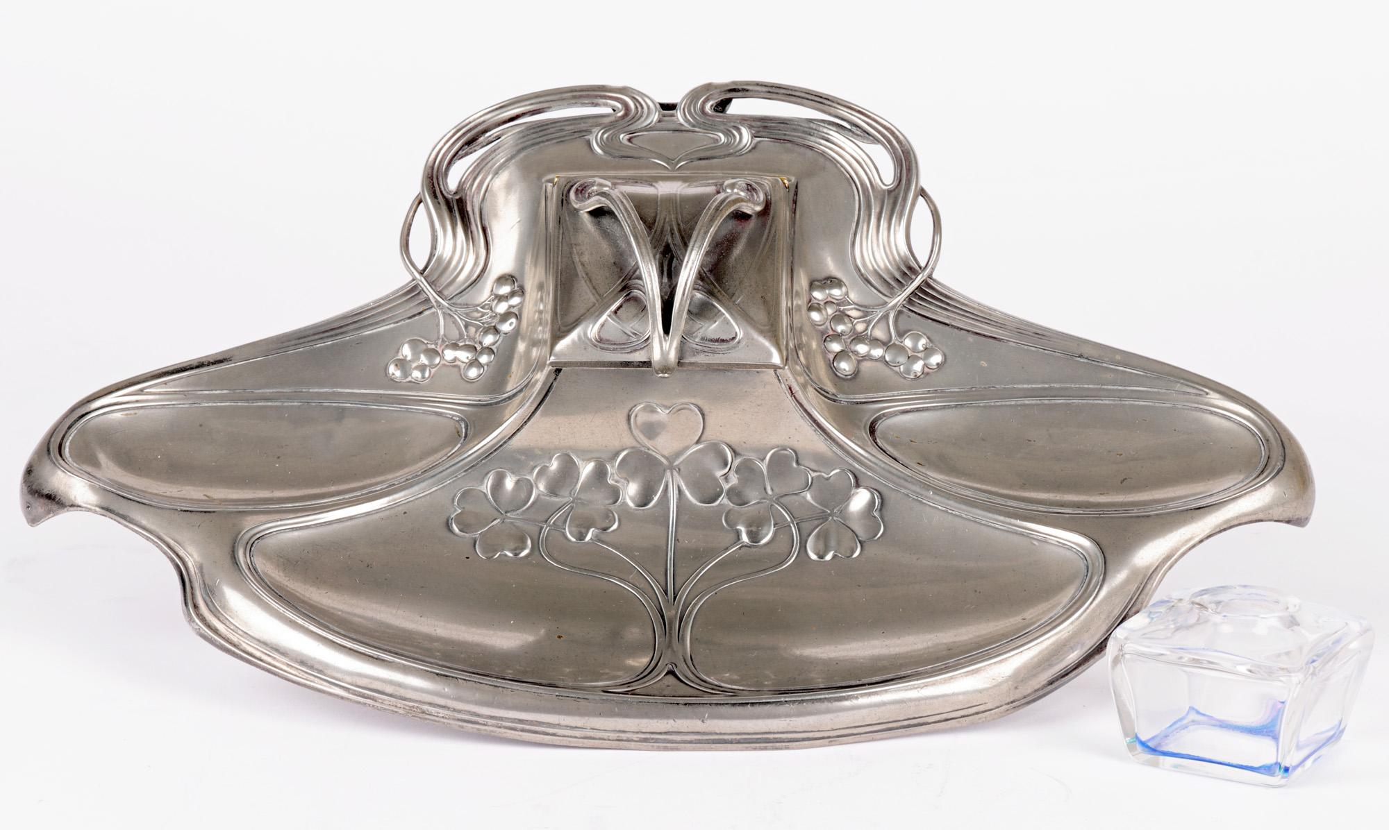 WMF Württembergische Metallwaren German Jugendstil Pewter Desk Stand and Inkwell For Sale 1